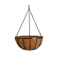 Georgian Black Round Coco liner & metal frame Hanging basket, 35.56cm