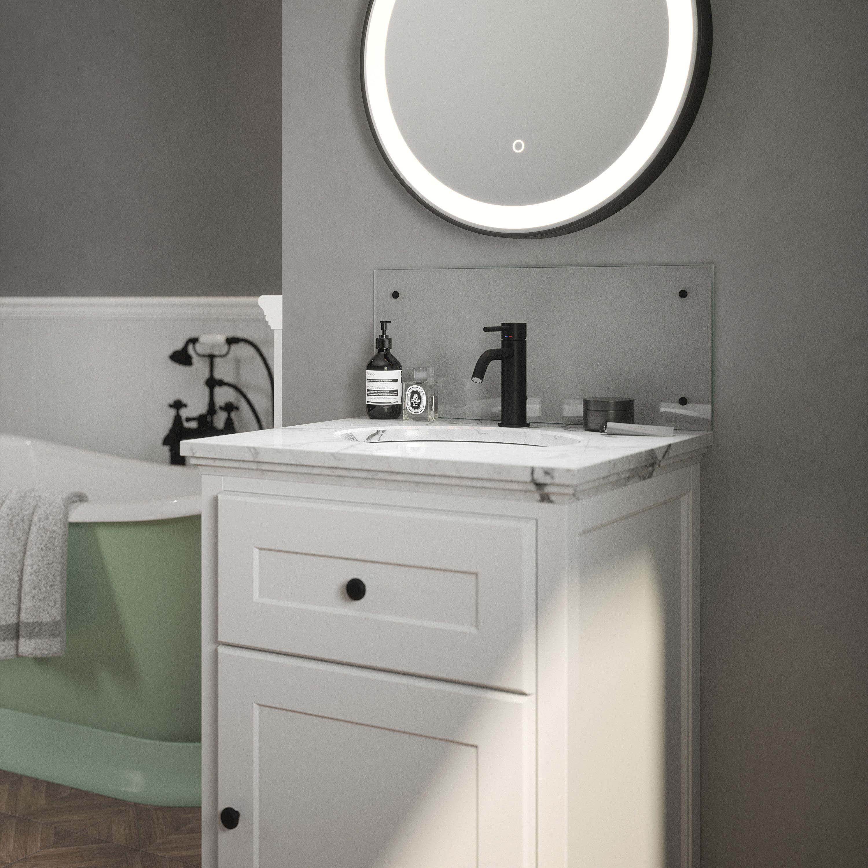 Glass Pre-drilled Bathroom Splashback (H)25cm (W)60cm - Gloss Crystal clear