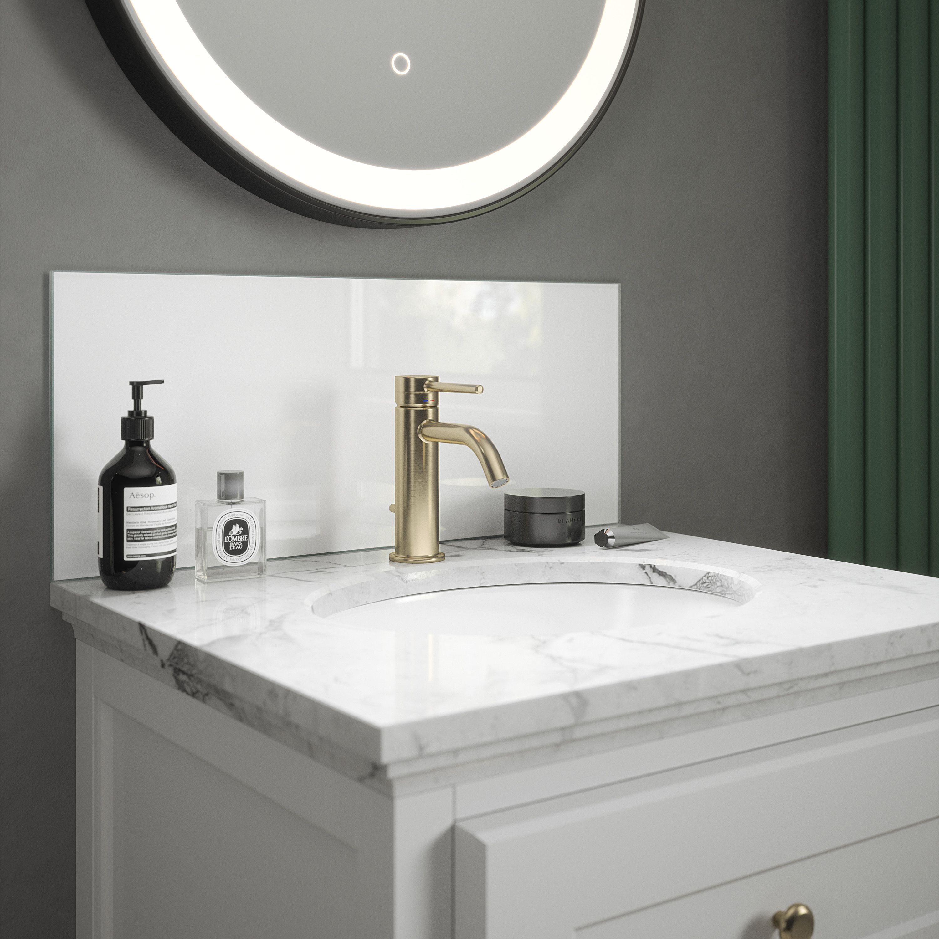 Glass Self-adhesive Bathroom Splashback (H)25cm (W)60cm - Gloss Ice White