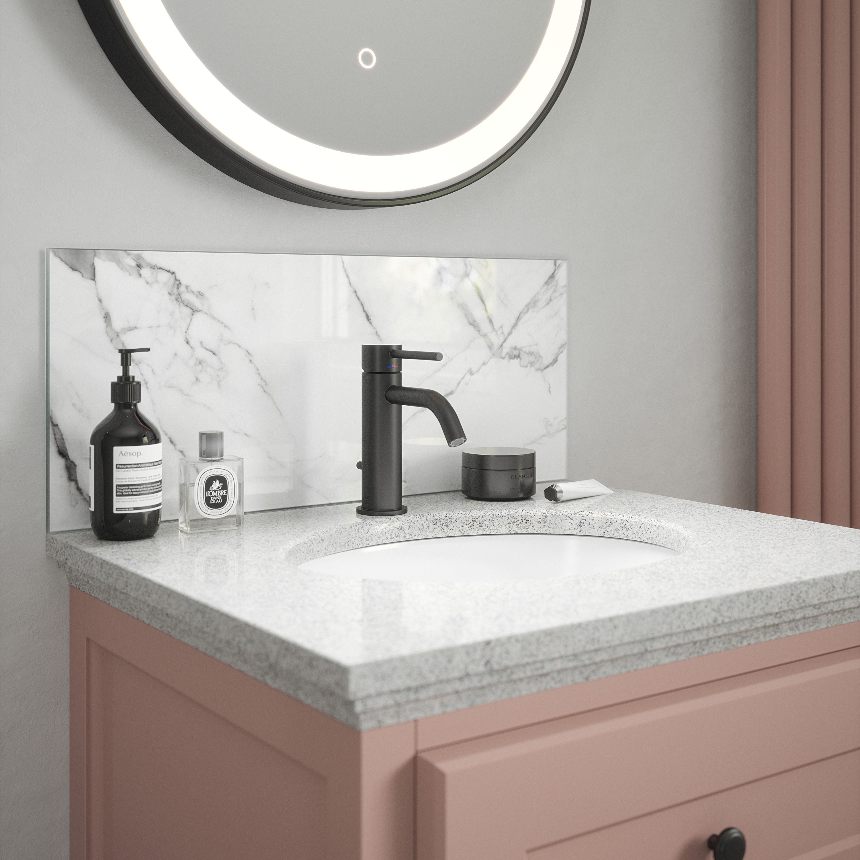 Glass Self-adhesive Bathroom Splashback (H)25cm (W)60cm - Gloss White & Grey Carrara Marble effect