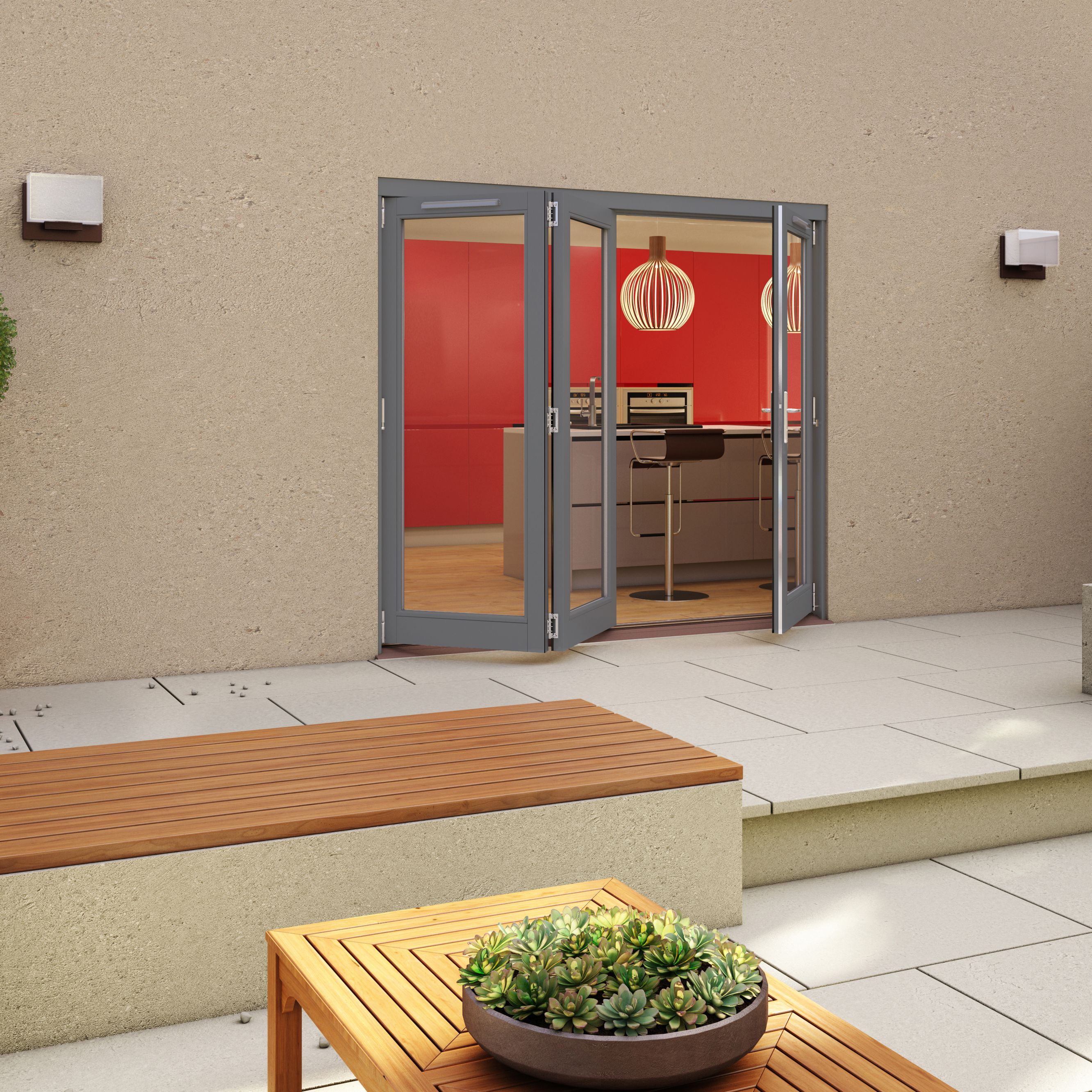Glazed Grey Timber External 3 Folding Patio door, (H)2094mm (W)2394mm