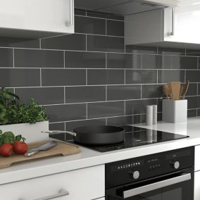 Glina Anthracite Gloss Ceramic Indoor Wall Tile, Pack of 34, (L)297mm (W)97mm