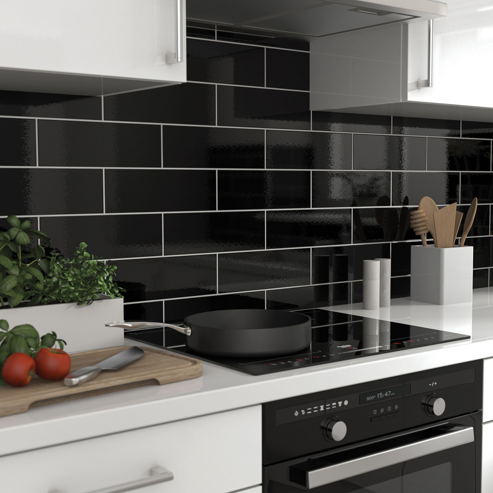 Glina Black Gloss Ceramic Wall Tile Sample | DIY at B&Q
