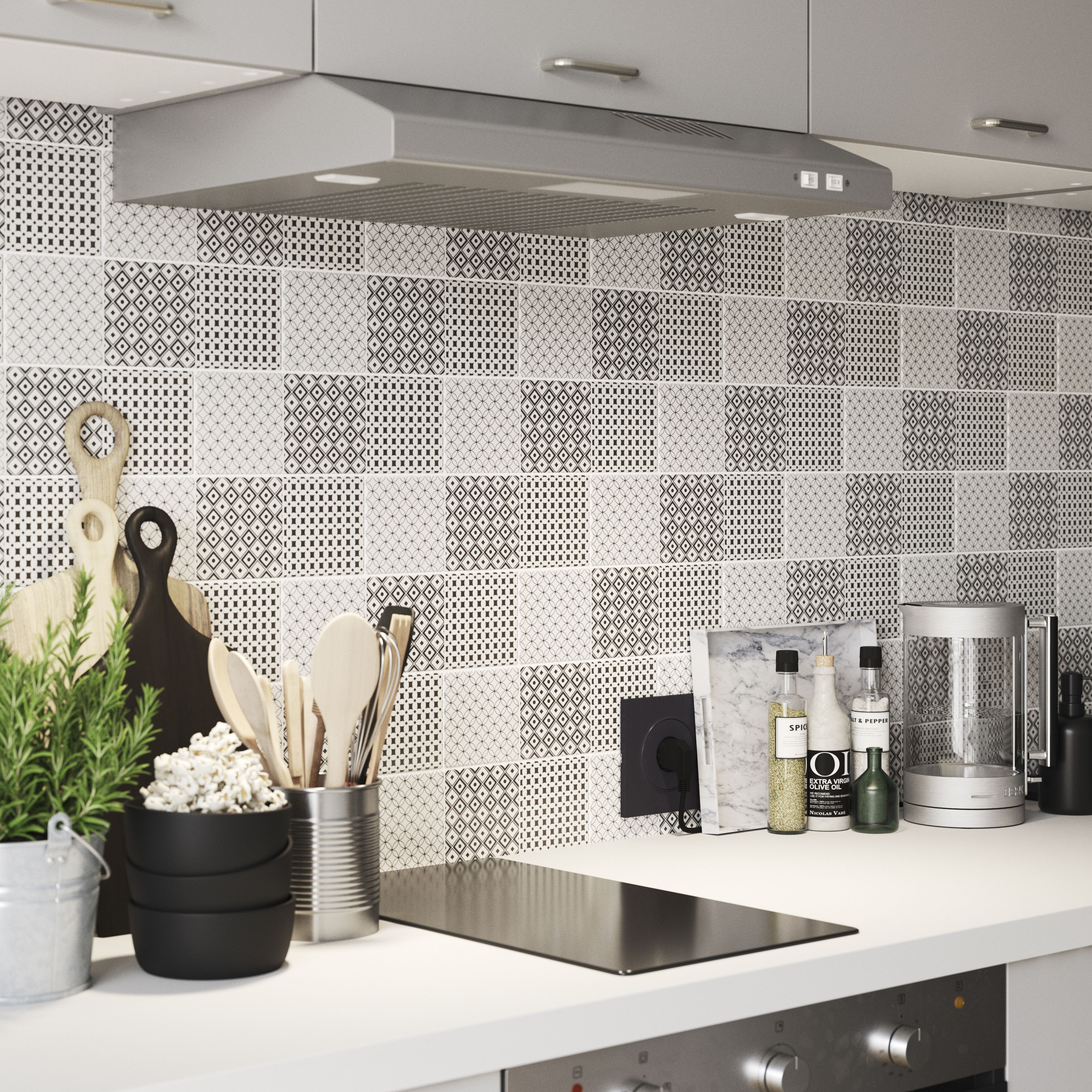 Glina Black & white Gloss Patterned Ceramic Indoor Wall Tile Sample