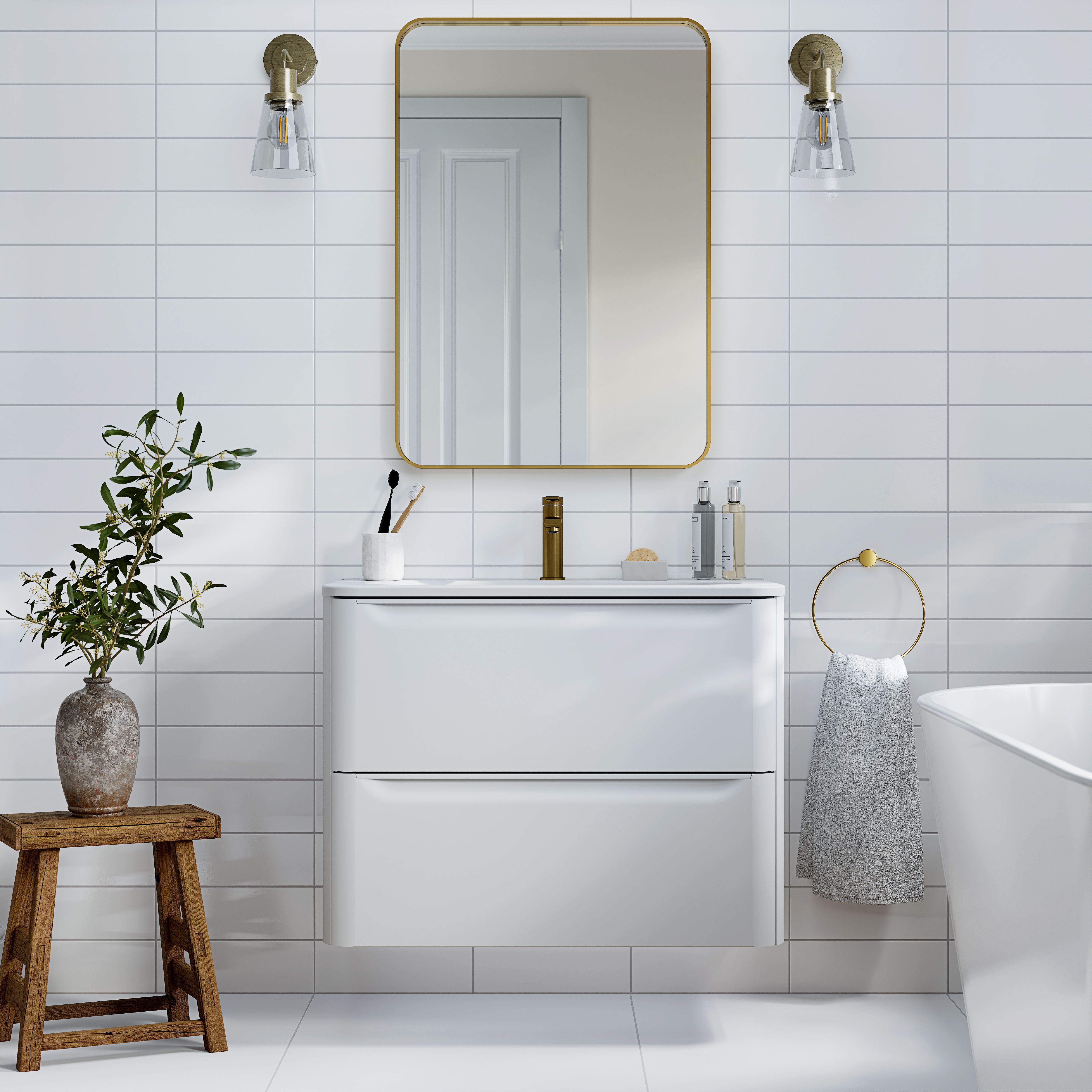 Glina White Gloss Ceramic Indoor Wall Tile, Pack of 27, (L)300mm (W)100mm