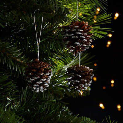 Glitter effect Pine cone Hanging decoration, Pack of 12