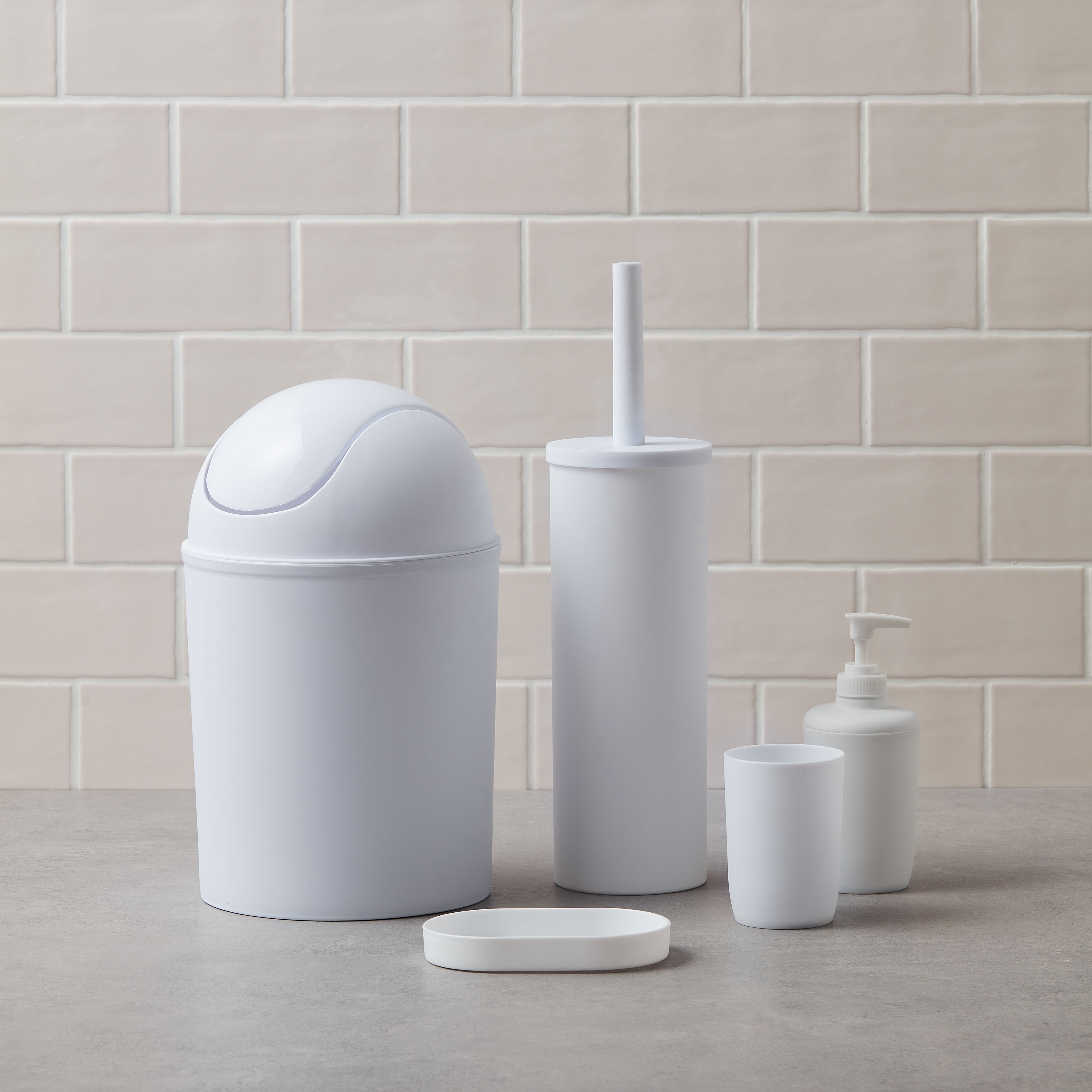 White bathroom bin shop and toilet brush