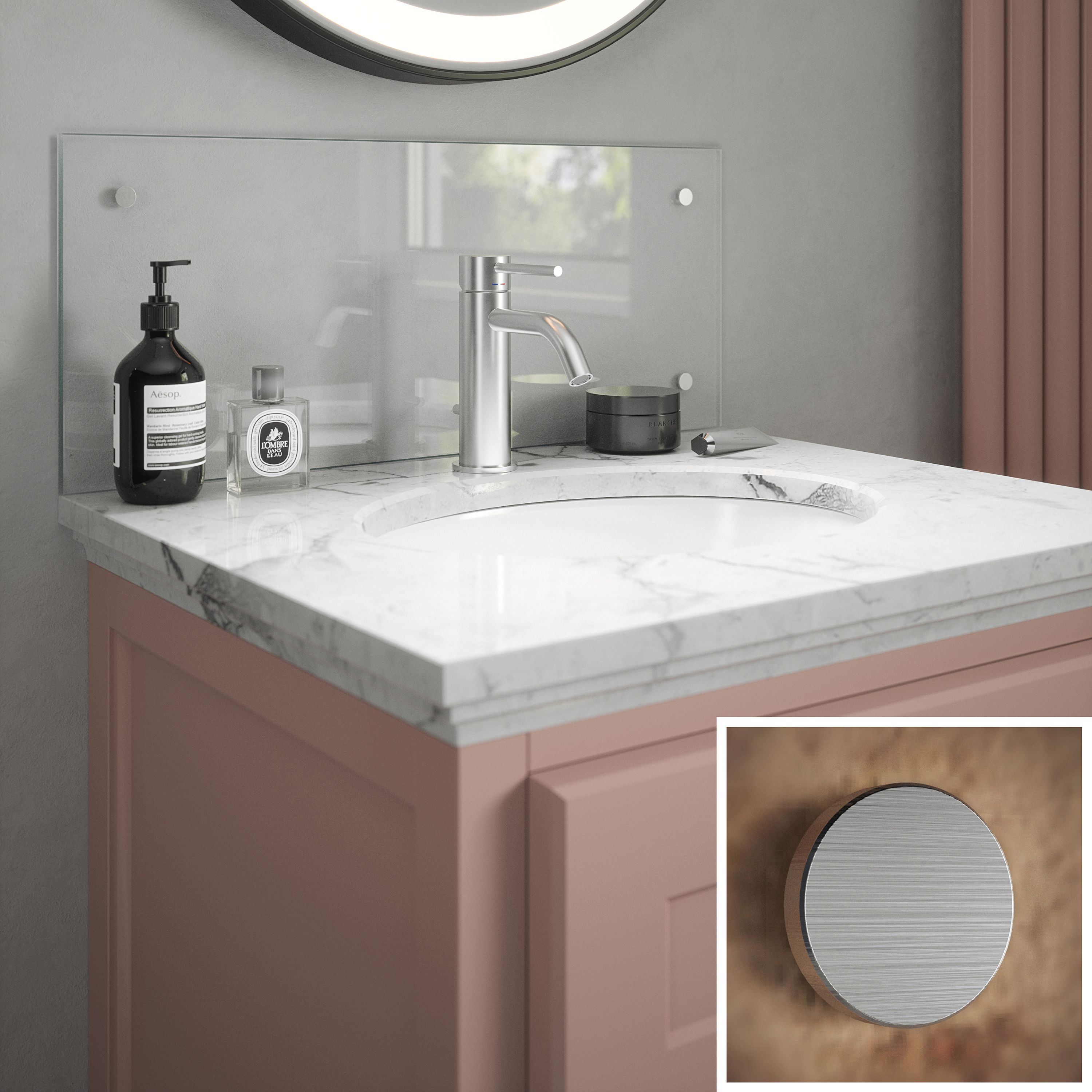 Gloss Crystal clear Glass Pre-drilled Bathroom Splashback with Brushed ...