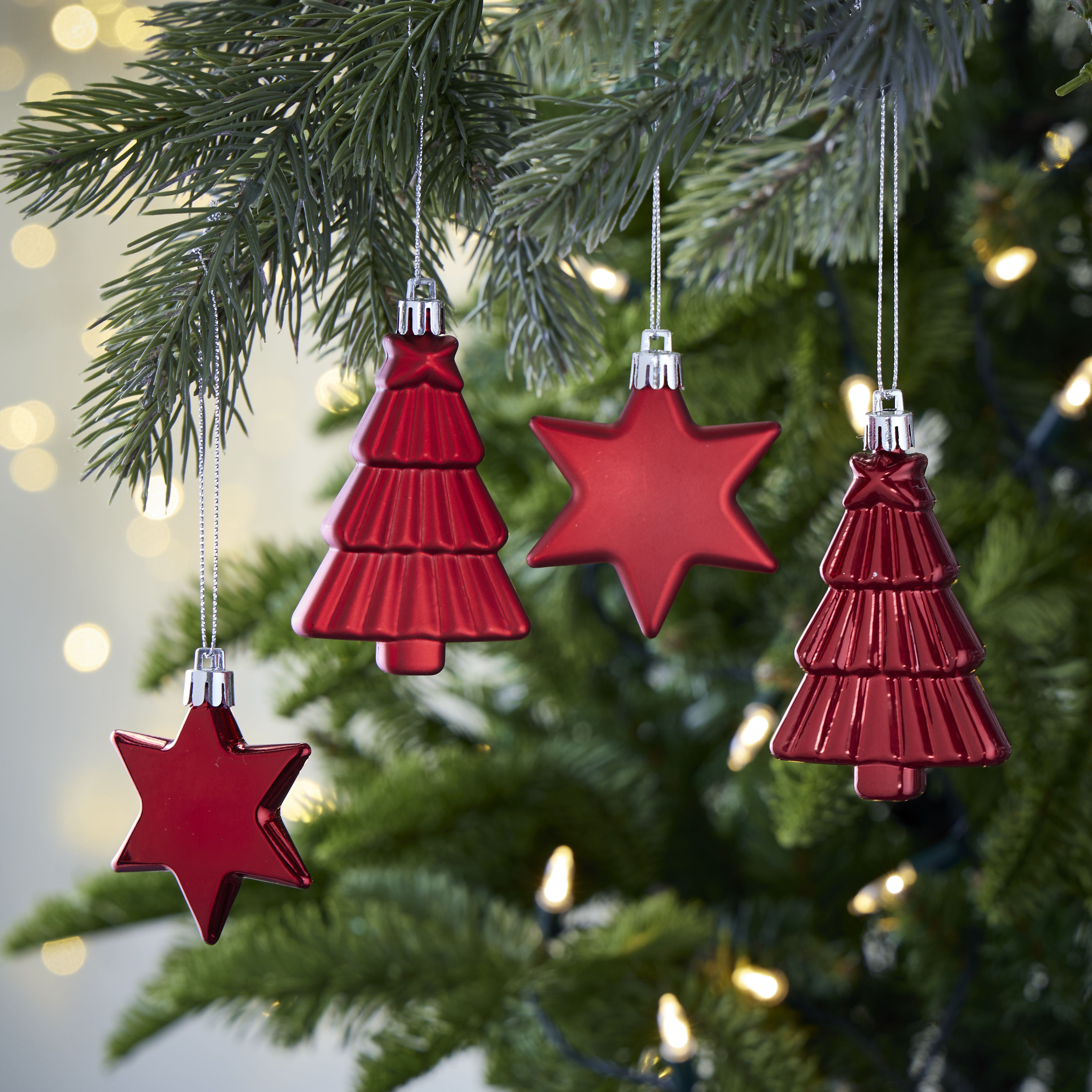 Gloss & matt Red Star & Tree Hanging decoration set, Pack of 12