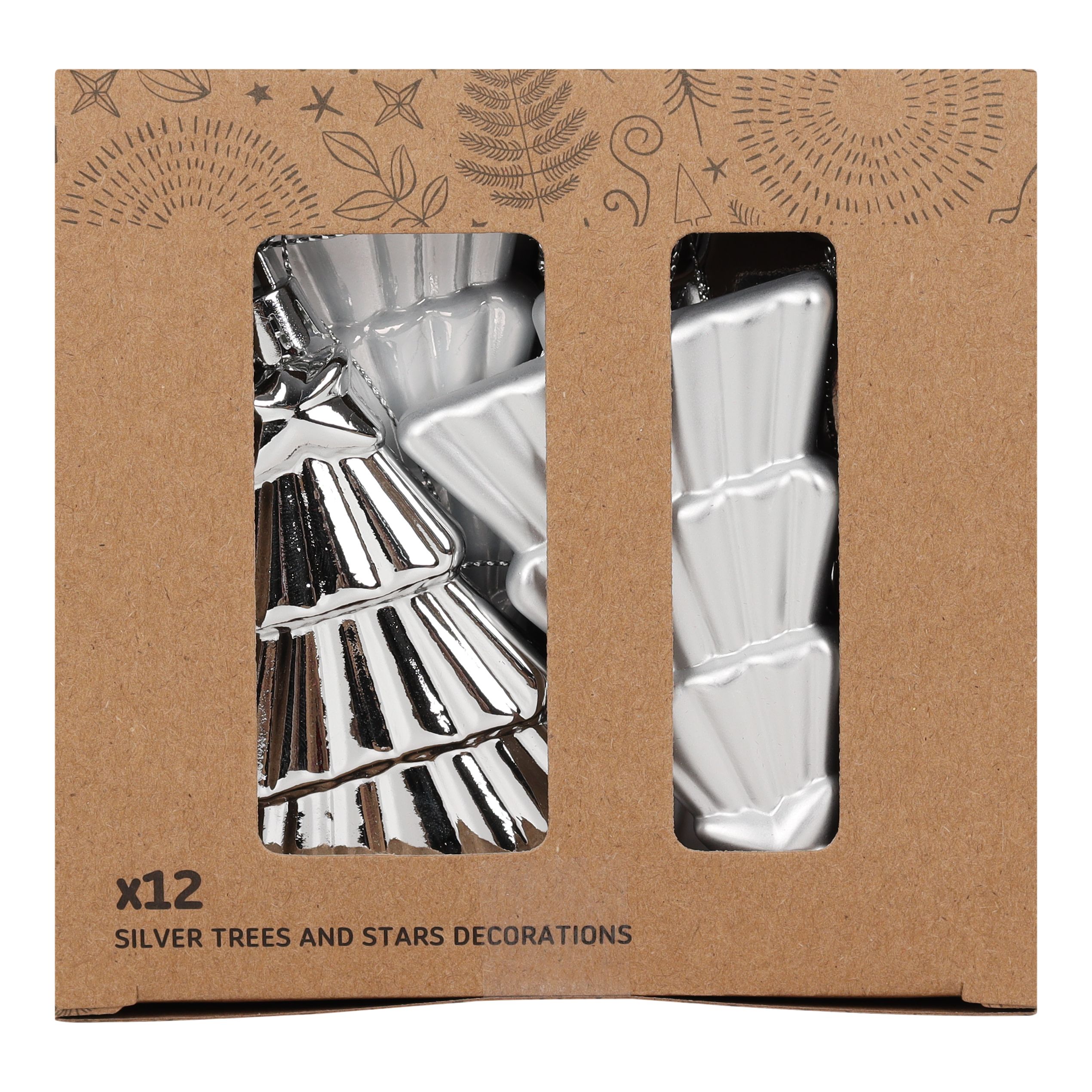 Gloss & matt Silver effect Star & Tree Hanging decoration set, Pack of 12