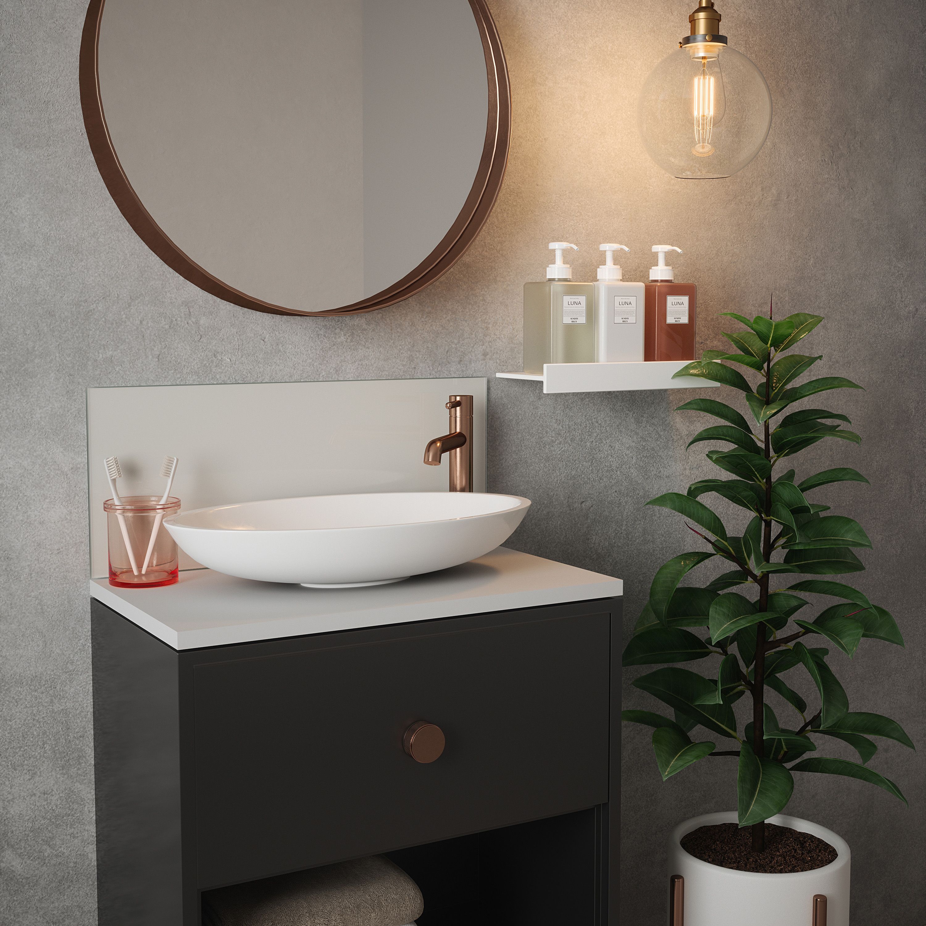 Gloss Silk Grey Glass Self-adhesive Bathroom Splashback (H)25cm (W)60cm