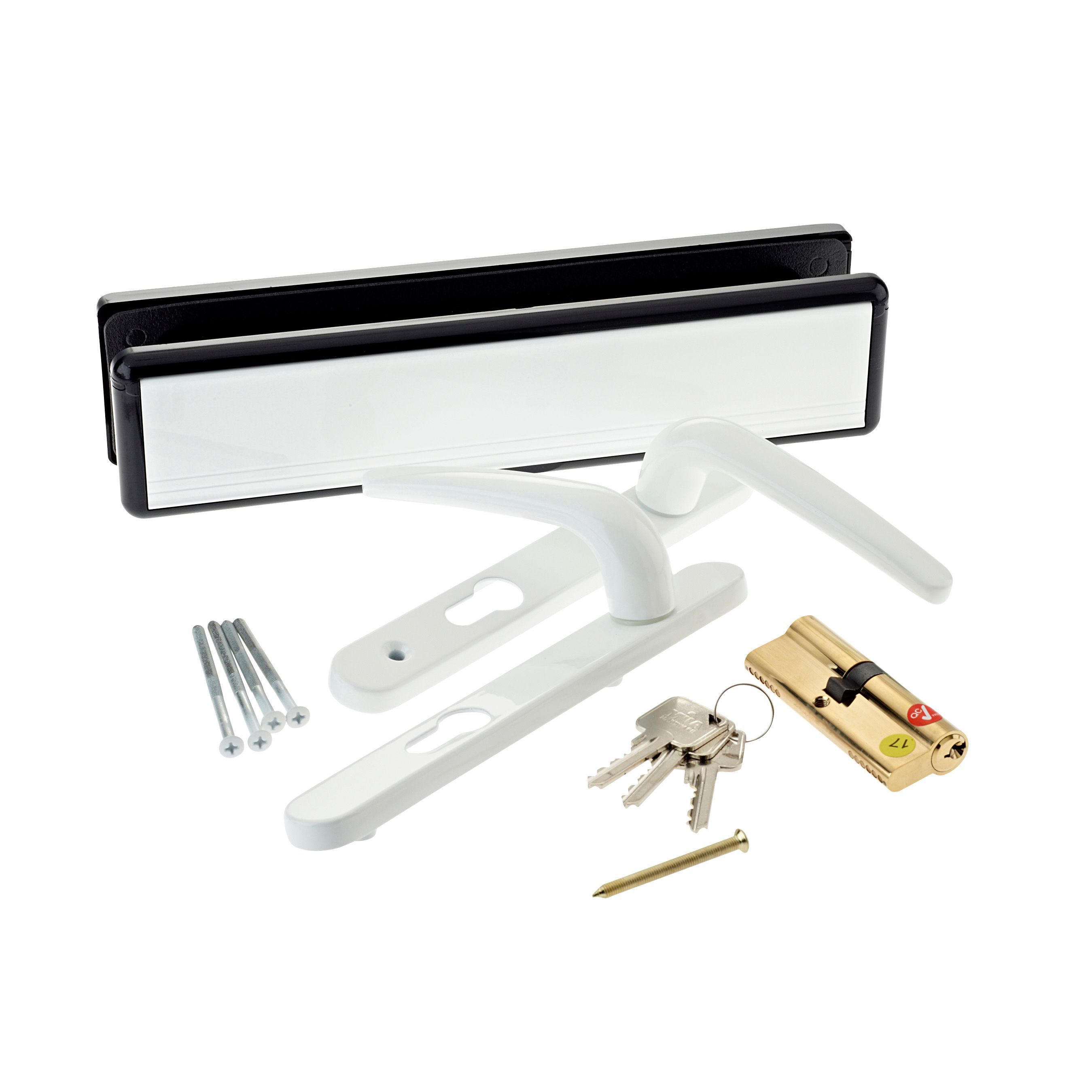 Gloss White External Straight Key lock Door handle, Set DIY at B&Q