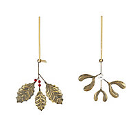 Gold Brushed effect Metal Holly & mistletoe Decoration, Set of 2