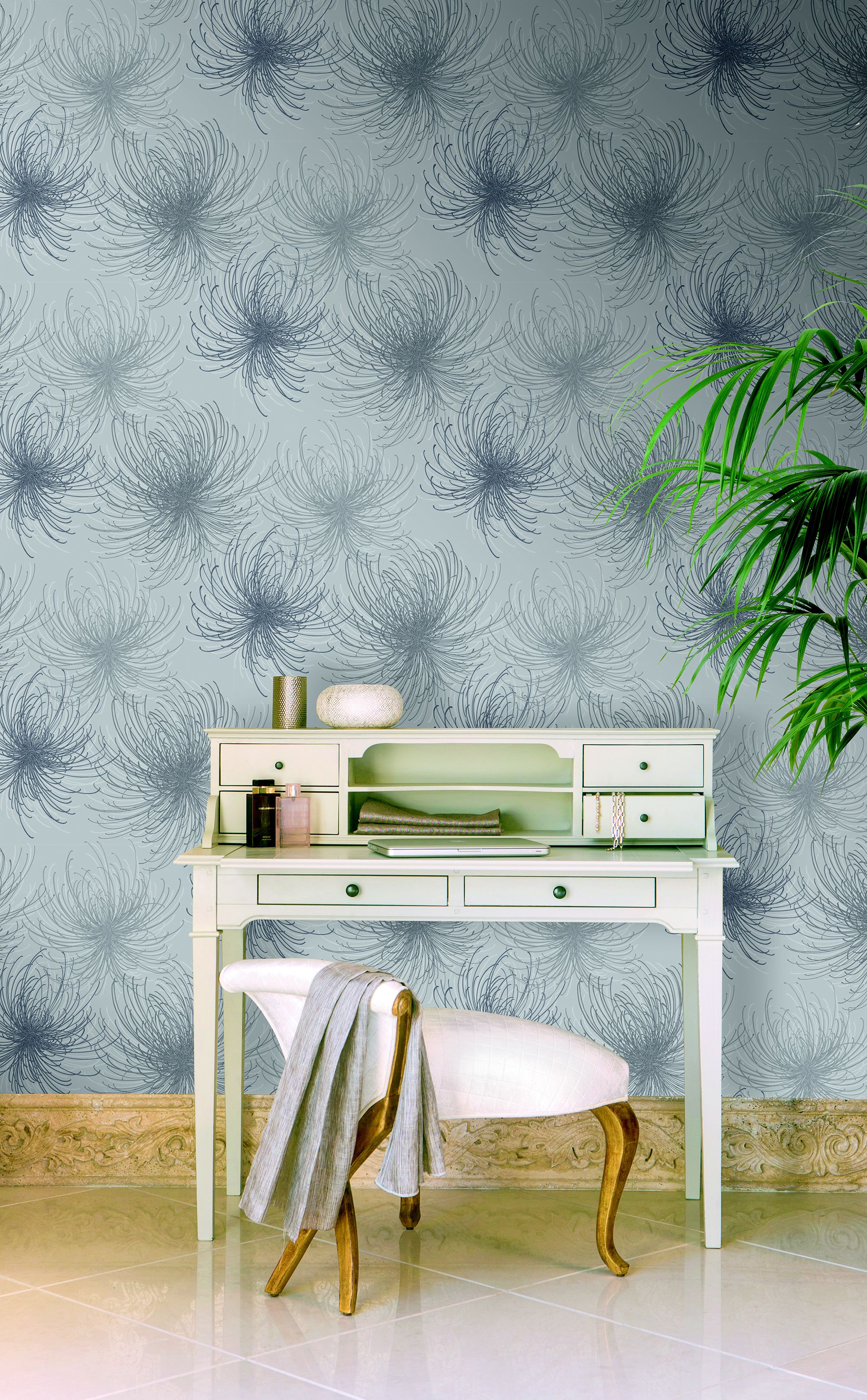 Gold Cosmo Grey Glitter effect Floral Textured Wallpaper
