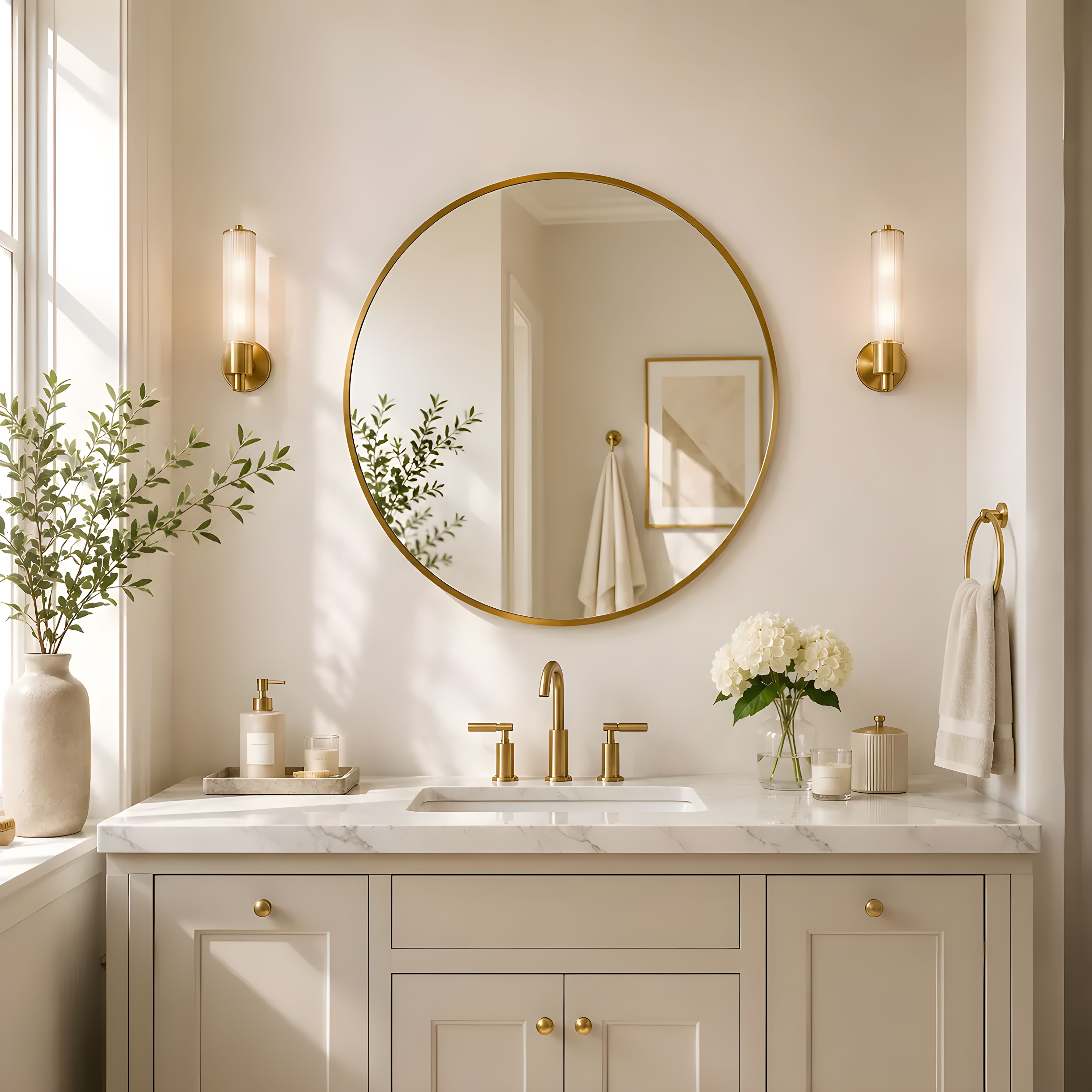 Gold effect Round Wall-mounted Framed mirror, (H)60cm (W)60cm