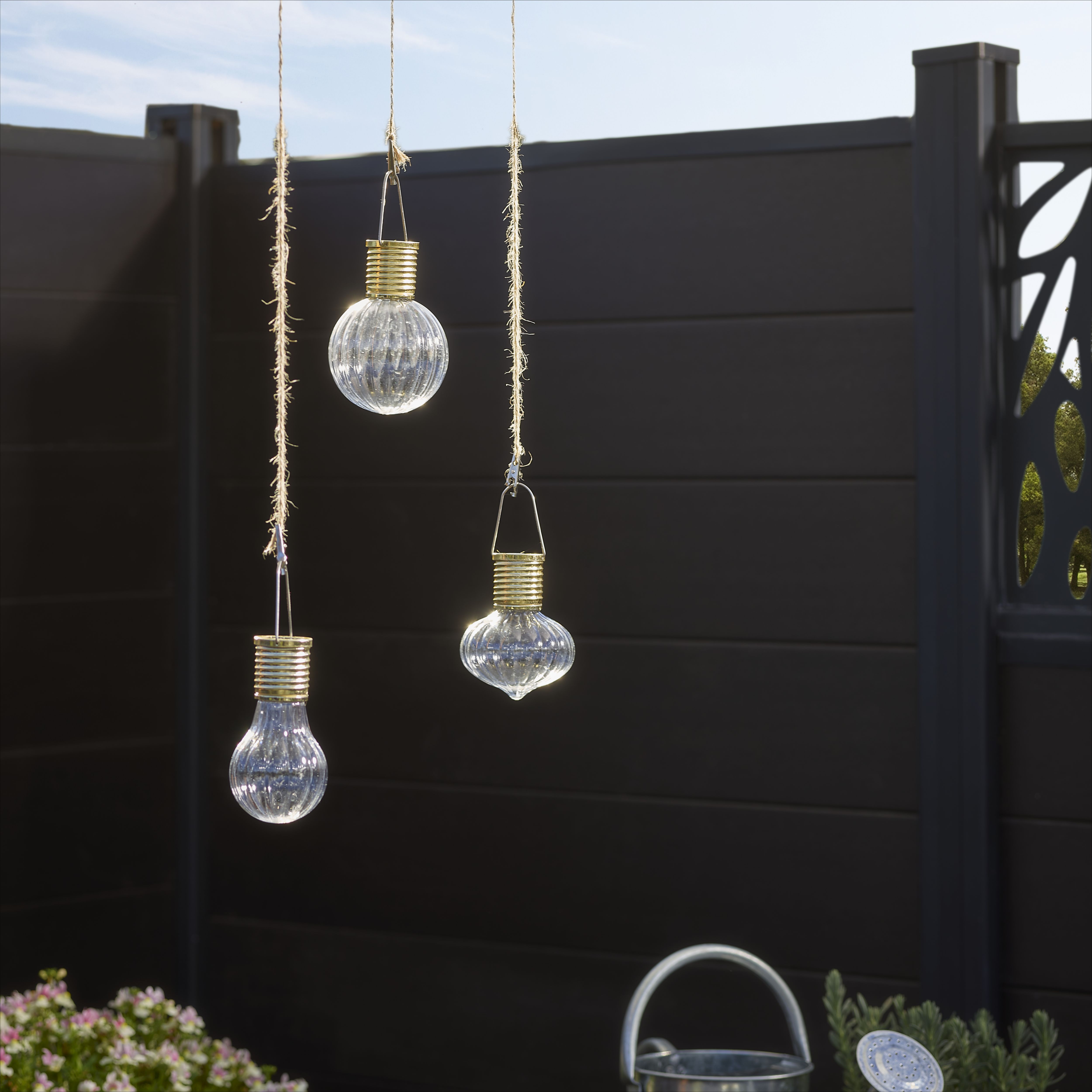 Gold effect Solar-powered Integrated LED Outdoor Hanging lantern, Set of 3