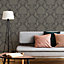 Gold Etch Charcoal Damask Gold effect Embossed Wallpaper Sample