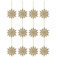 Gold Glitter effect Plastic Snowflake Hanging decoration set, Set of 12