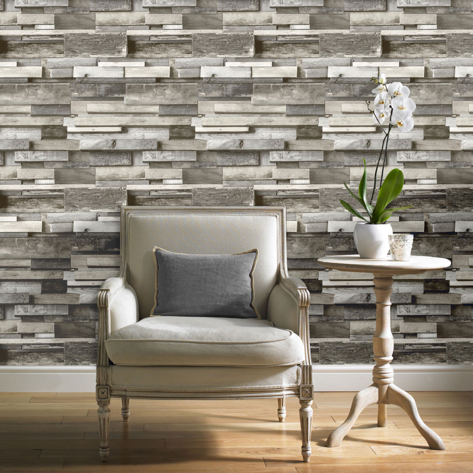 Gold Horizontal wood Grey Wood effect Faux wall Embossed Wallpaper Sample