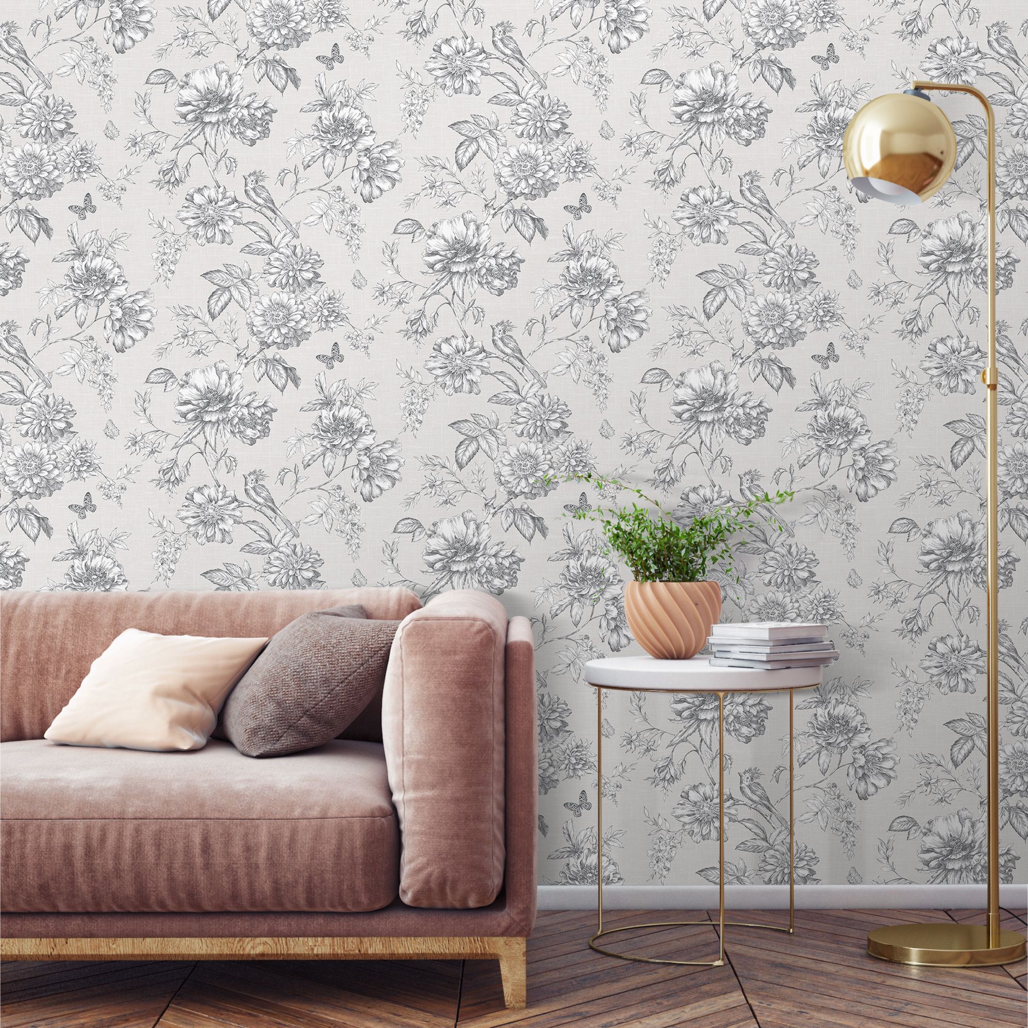 Gold Menagerie Cream & white Floral Mica effect Embossed Wallpaper Sample