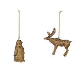Gold Penguin & reindeer Decoration, Set of 2