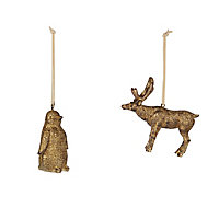Gold Polyresin Penguin & reindeer Decoration, Set of 2