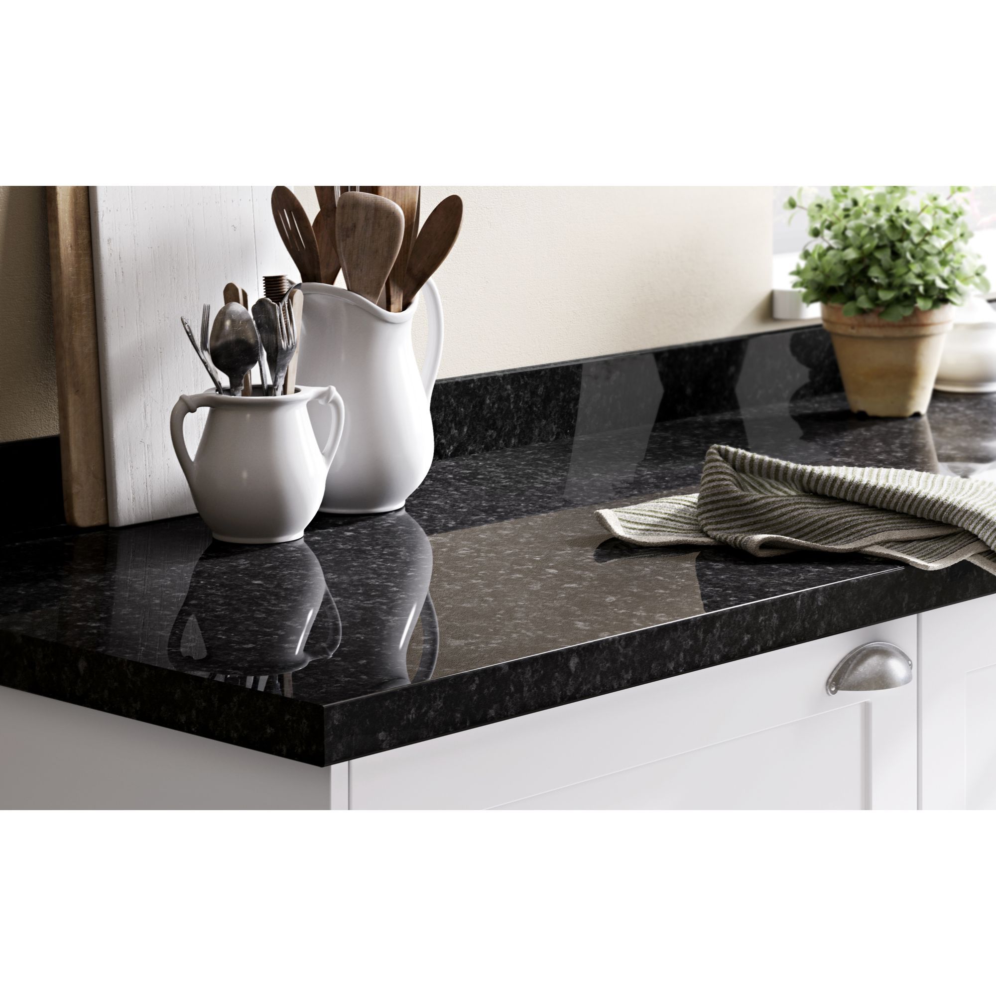 GoodHome 38mm Kabsa Gloss Black Granite Effect Laminate & Particle ...