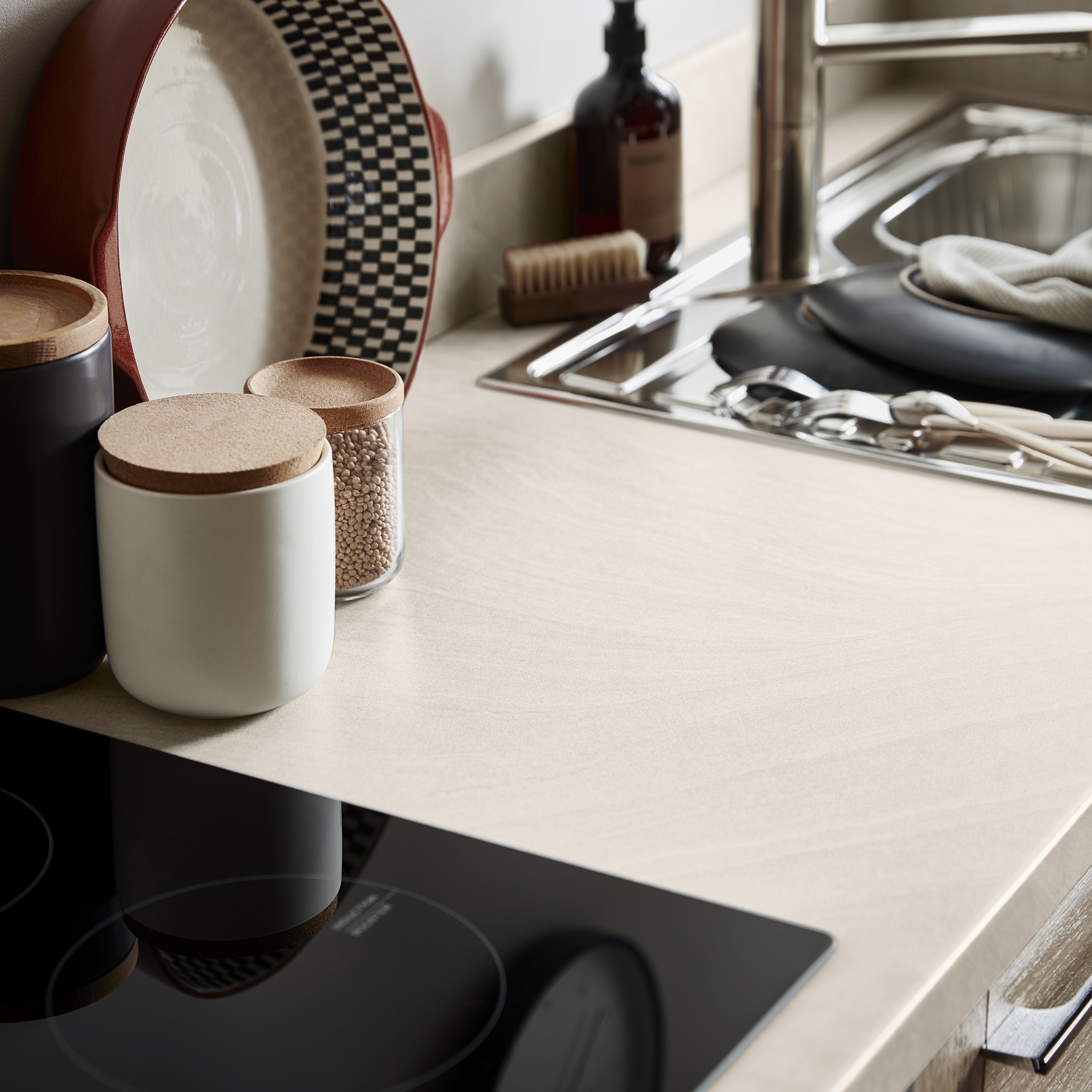 GoodHome 38mm Kabsa Matt Travertine effect Laminate & particle board Post-formed Kitchen Worktop, (L)3000mm