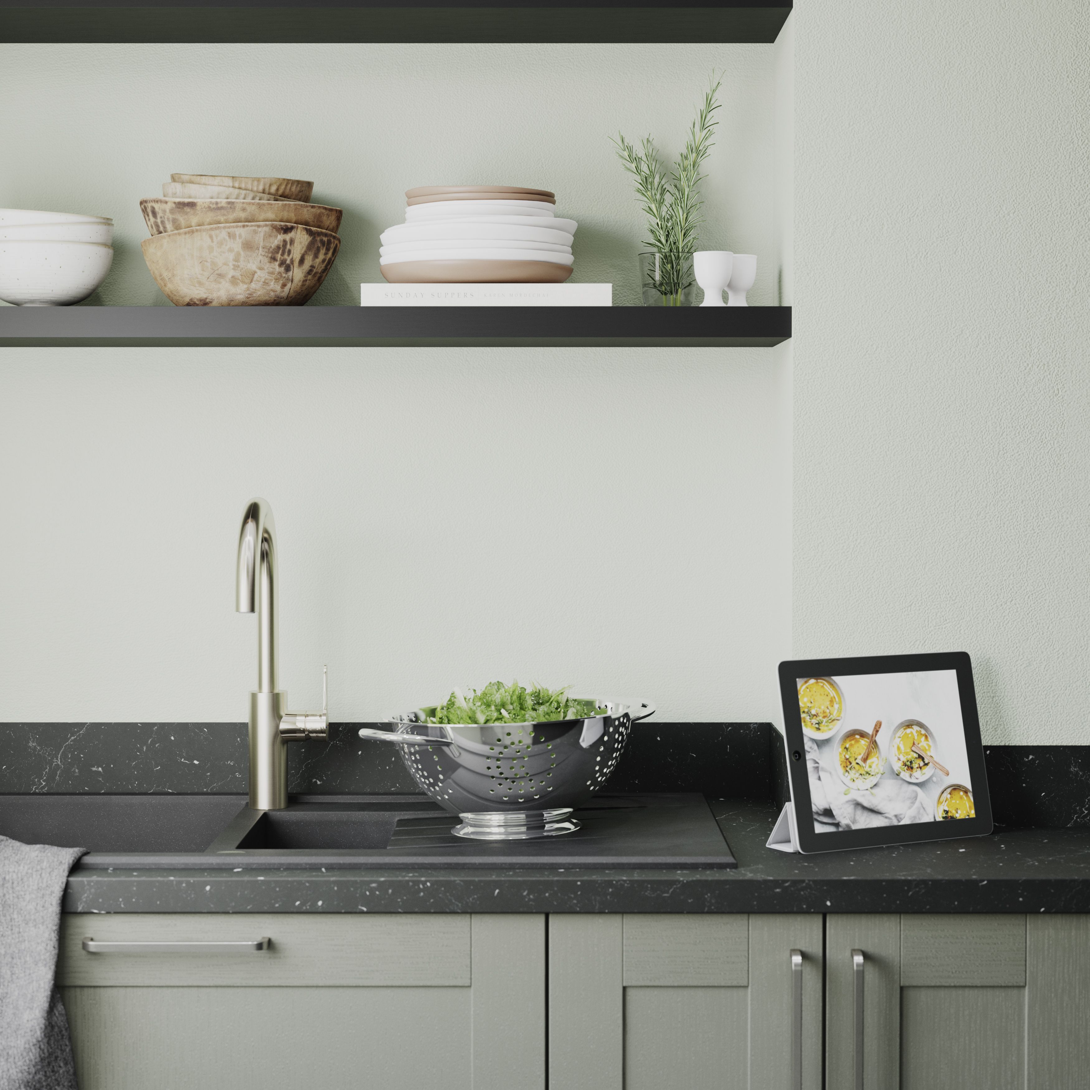 GoodHome 38mm Kala Matt Black Stone effect Laminate Square edge Kitchen Worktop, (L)3000mm