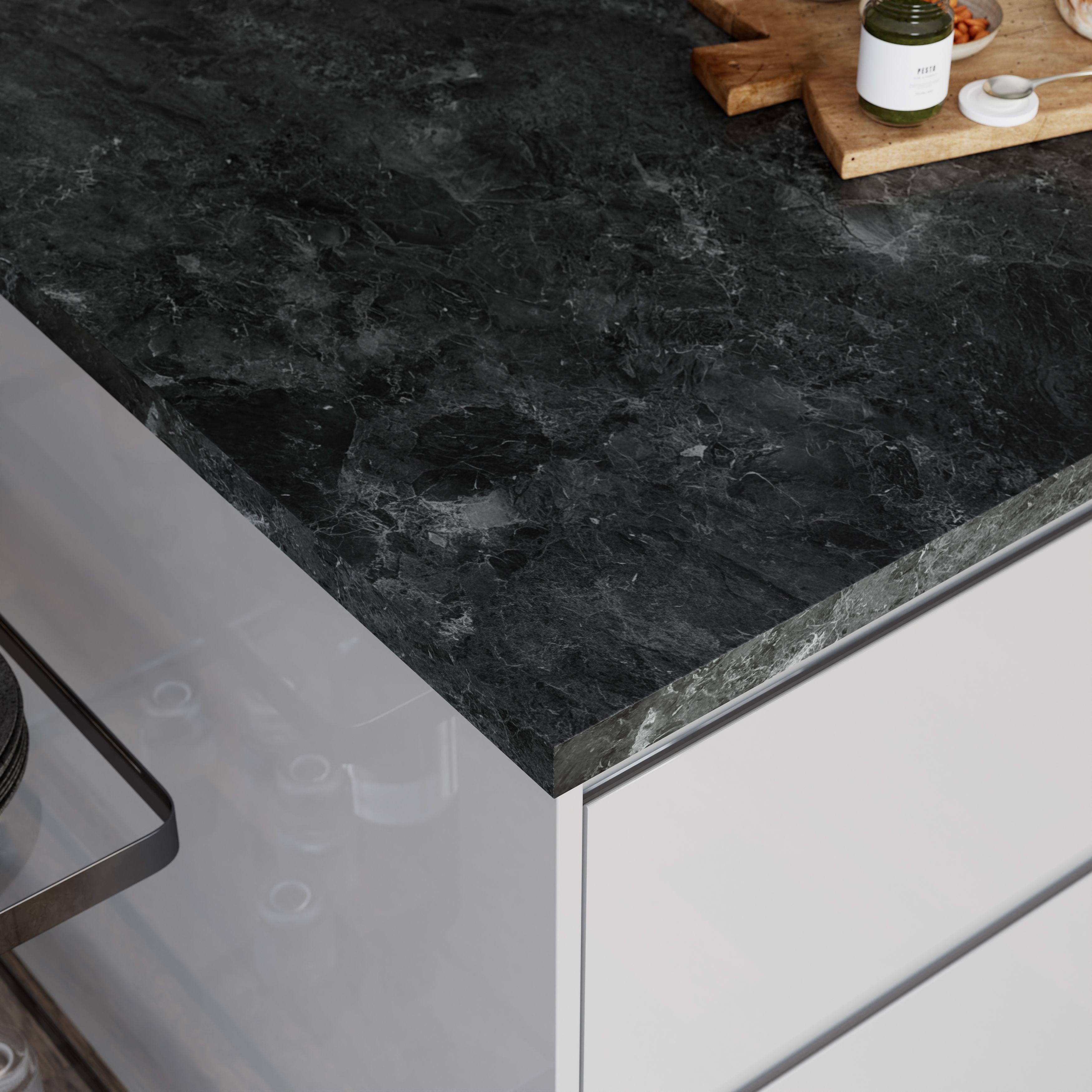 GoodHome 38mm Kala Matt Dark grey Marble effect Laminate Square edge Worktop, (L)3000mm