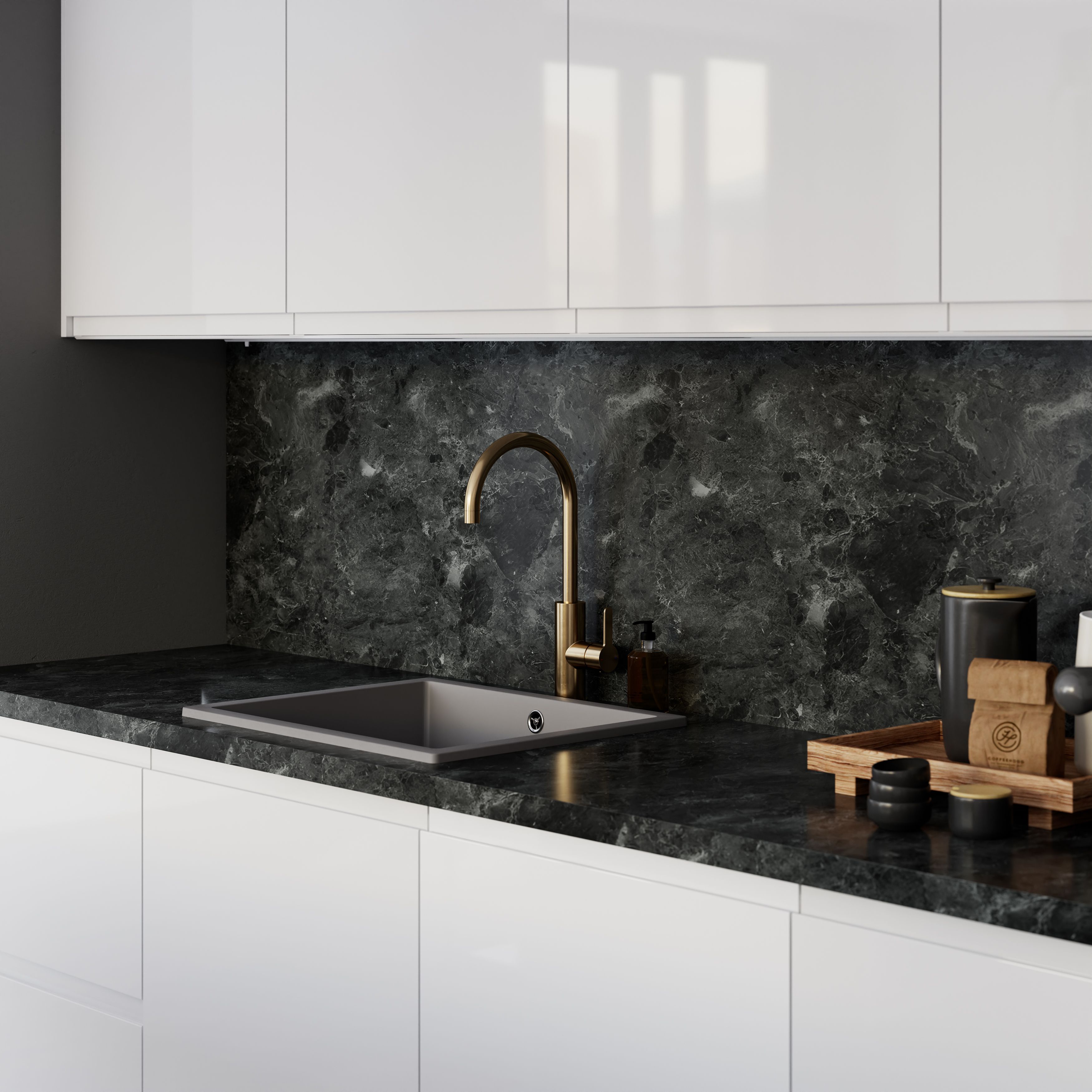 GoodHome 38mm Kala Matt Dark grey Marble effect Laminate Square edge Worktop, (L)3000mm