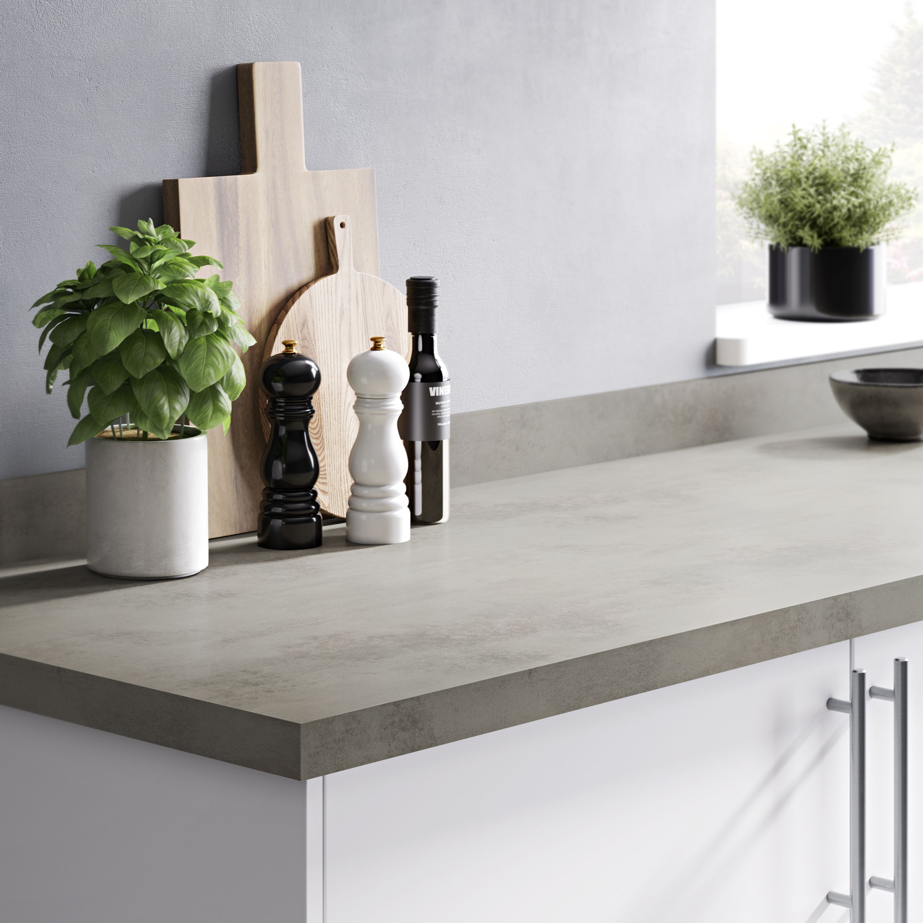 GoodHome 38mm Kala Matt Grey Concrete effect Laminate & particle board Square edge Kitchen Breakfast bar, (L)2000mm