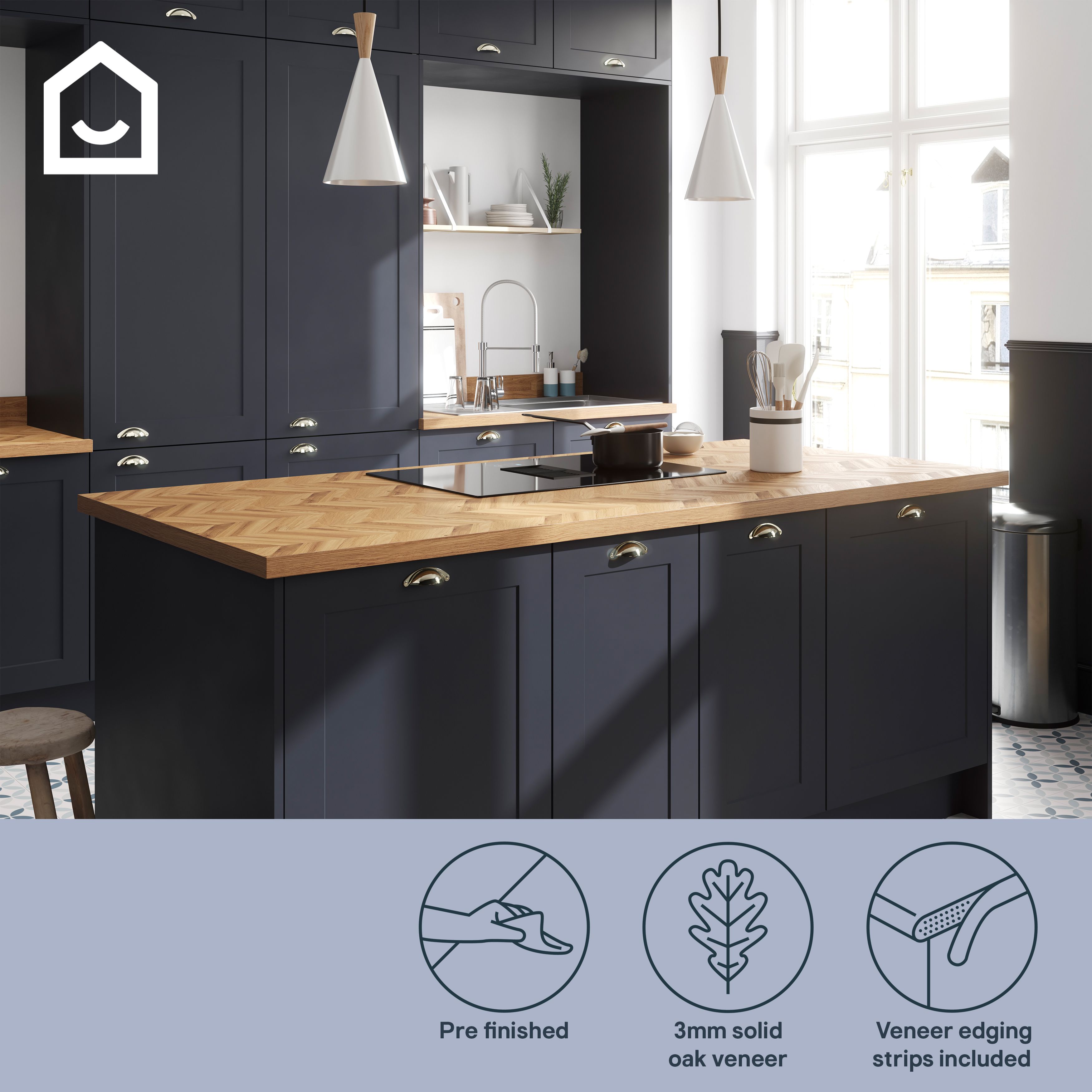 GoodHome 38mm Orin Satin Chevron oak Veneered Chamfered Kitchen Breakfast bar, (L)2000mm