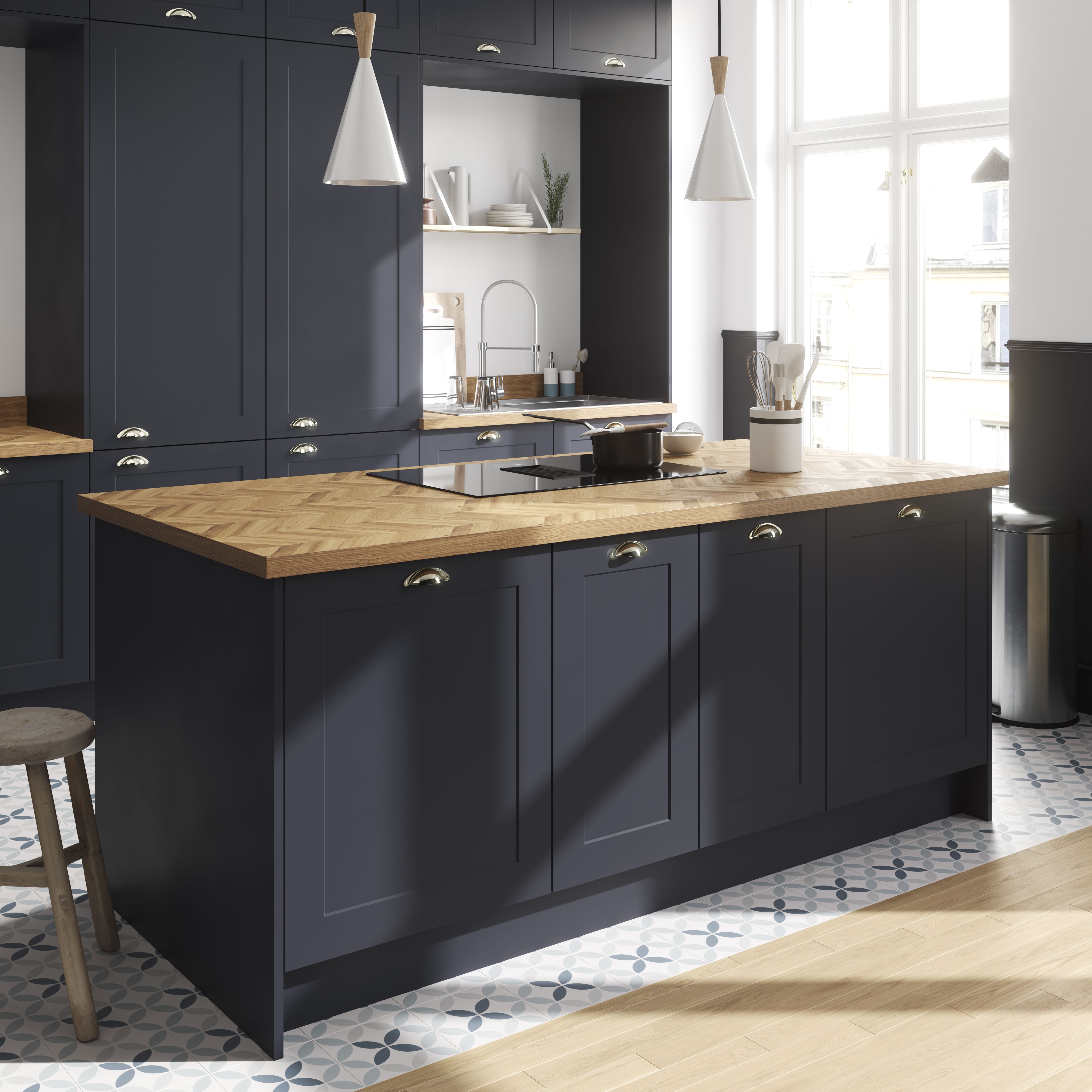 GoodHome 38mm Orin Satin Chevron oak Veneered Chamfered Kitchen Breakfast bar, (L)2000mm