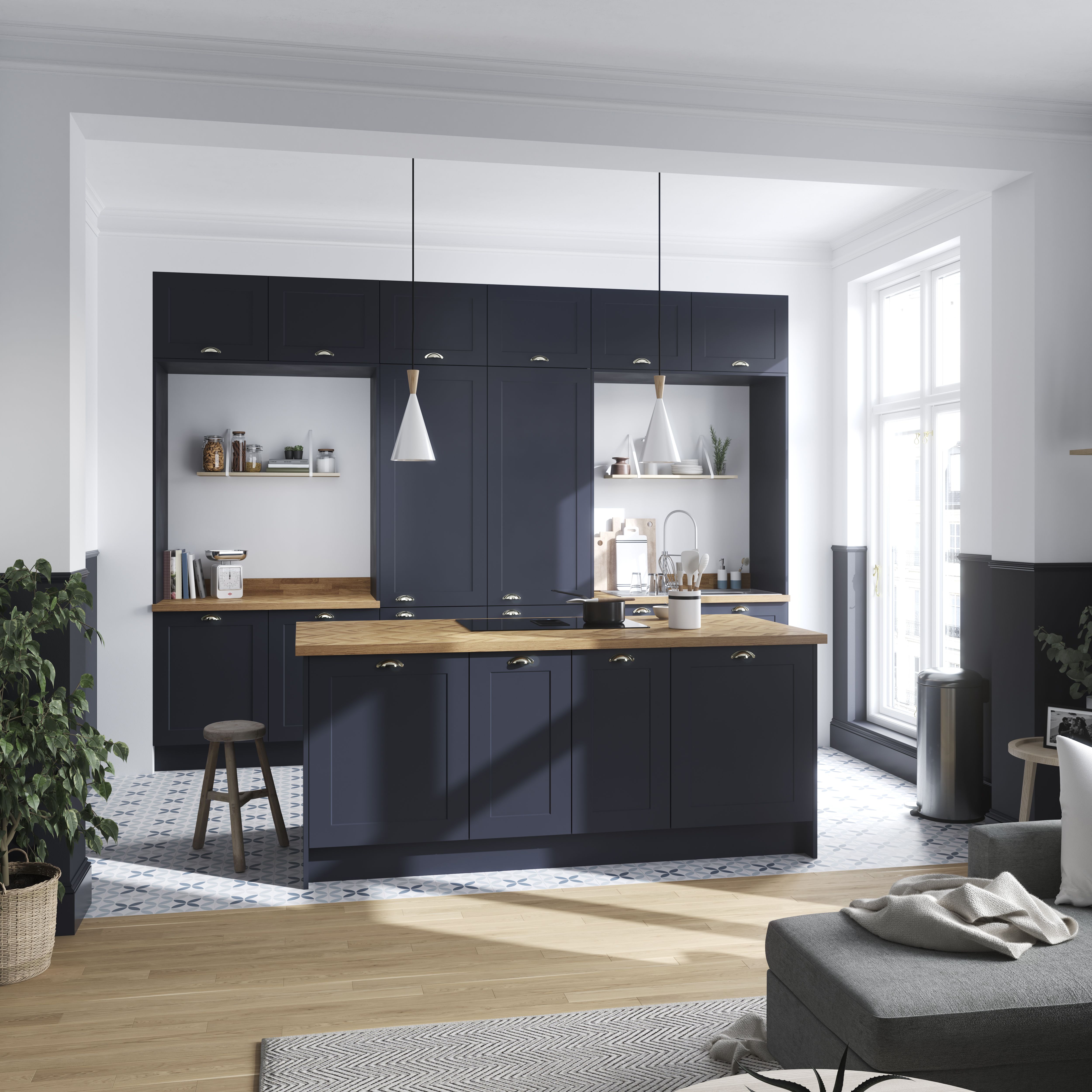 GoodHome 38mm Orin Satin Chevron oak Veneered Chamfered Kitchen Breakfast bar, (L)2000mm