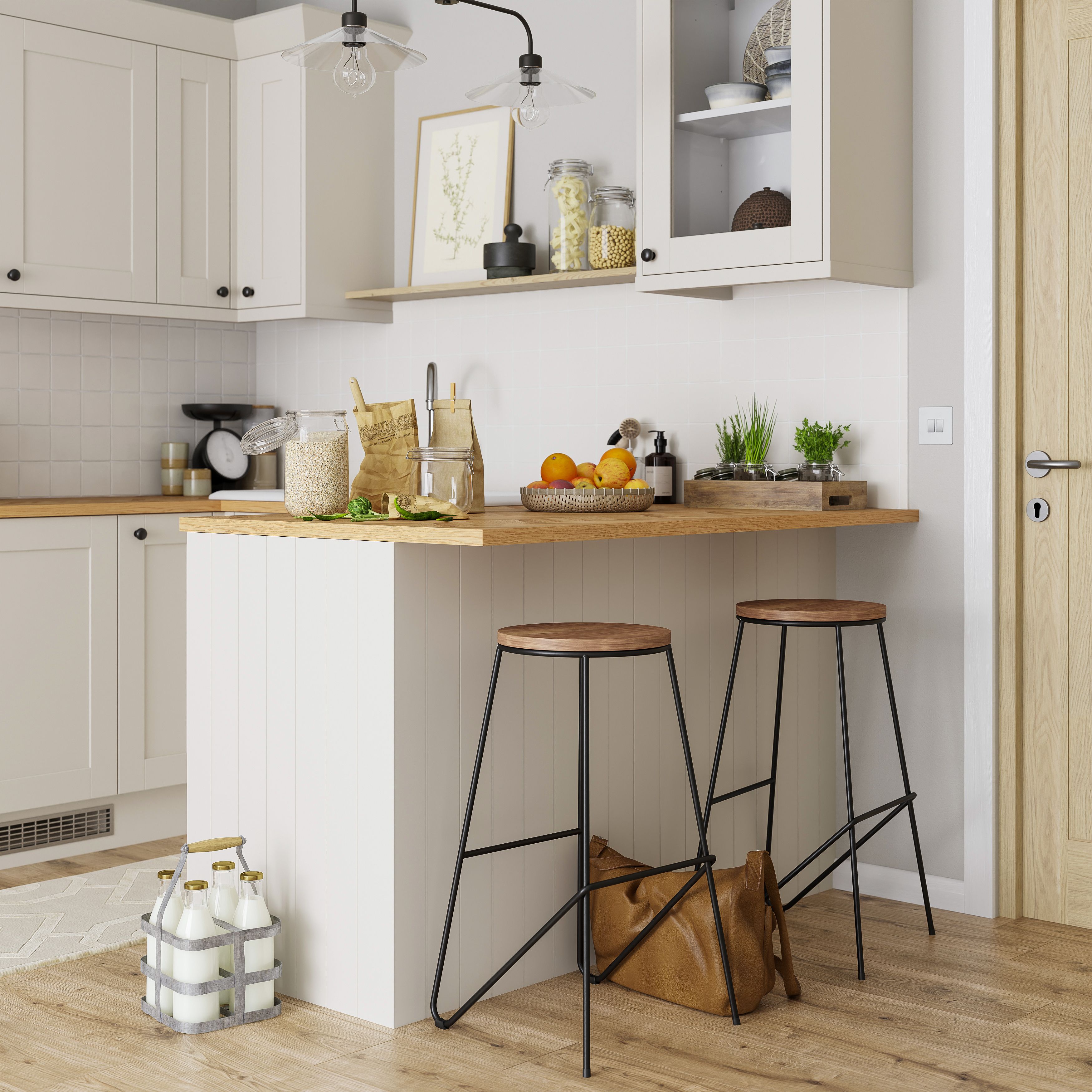 GoodHome 38mm Orin Satin Chevron oak Veneered Chamfered Kitchen Breakfast bar, (L)2000mm