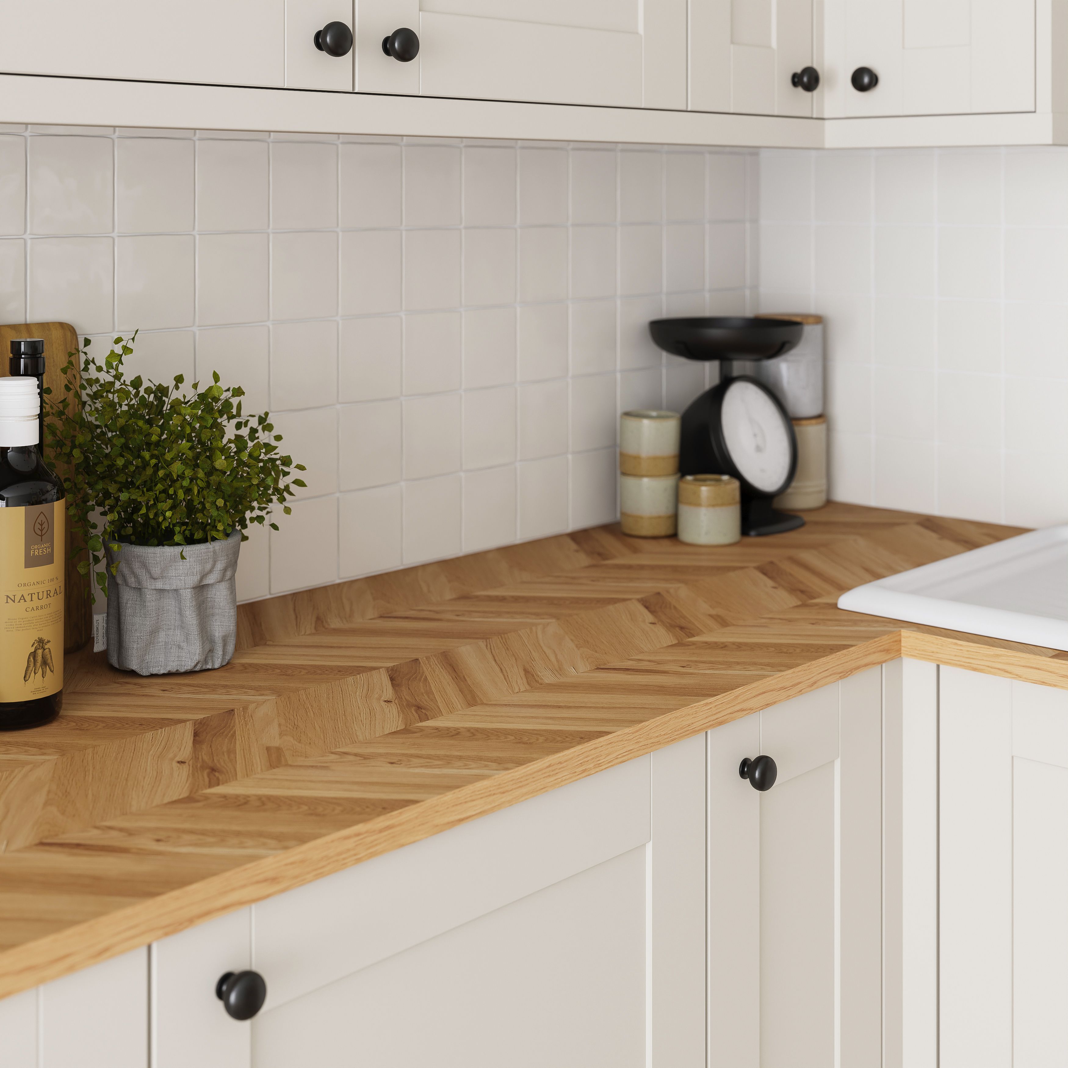 GoodHome 38mm Orin Satin Chevron oak Veneered Chamfered Kitchen Worktop ...