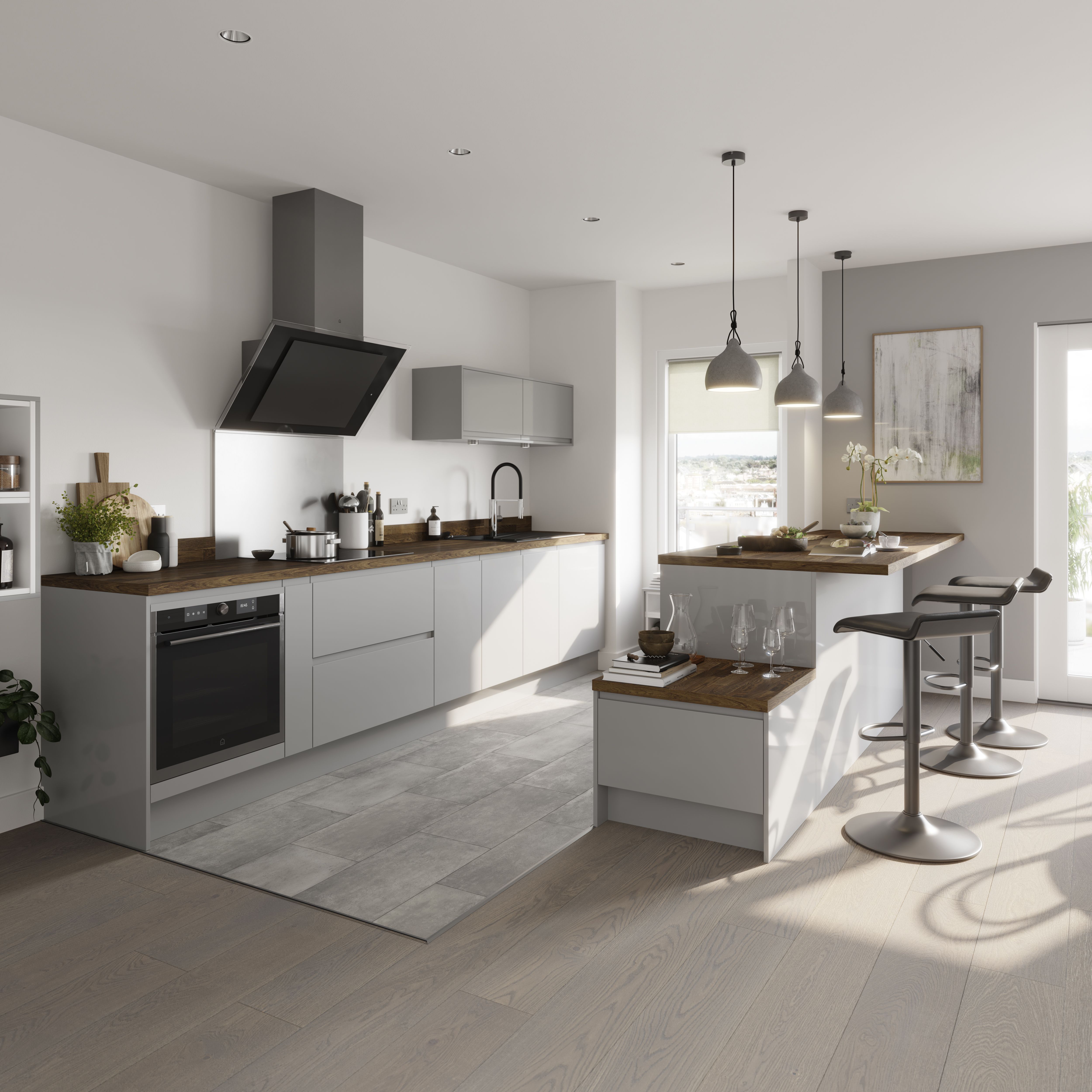 GoodHome 38mm Orin Satin Onyx oak Veneered Chamfered Kitchen Breakfast bar, (L)2000mm