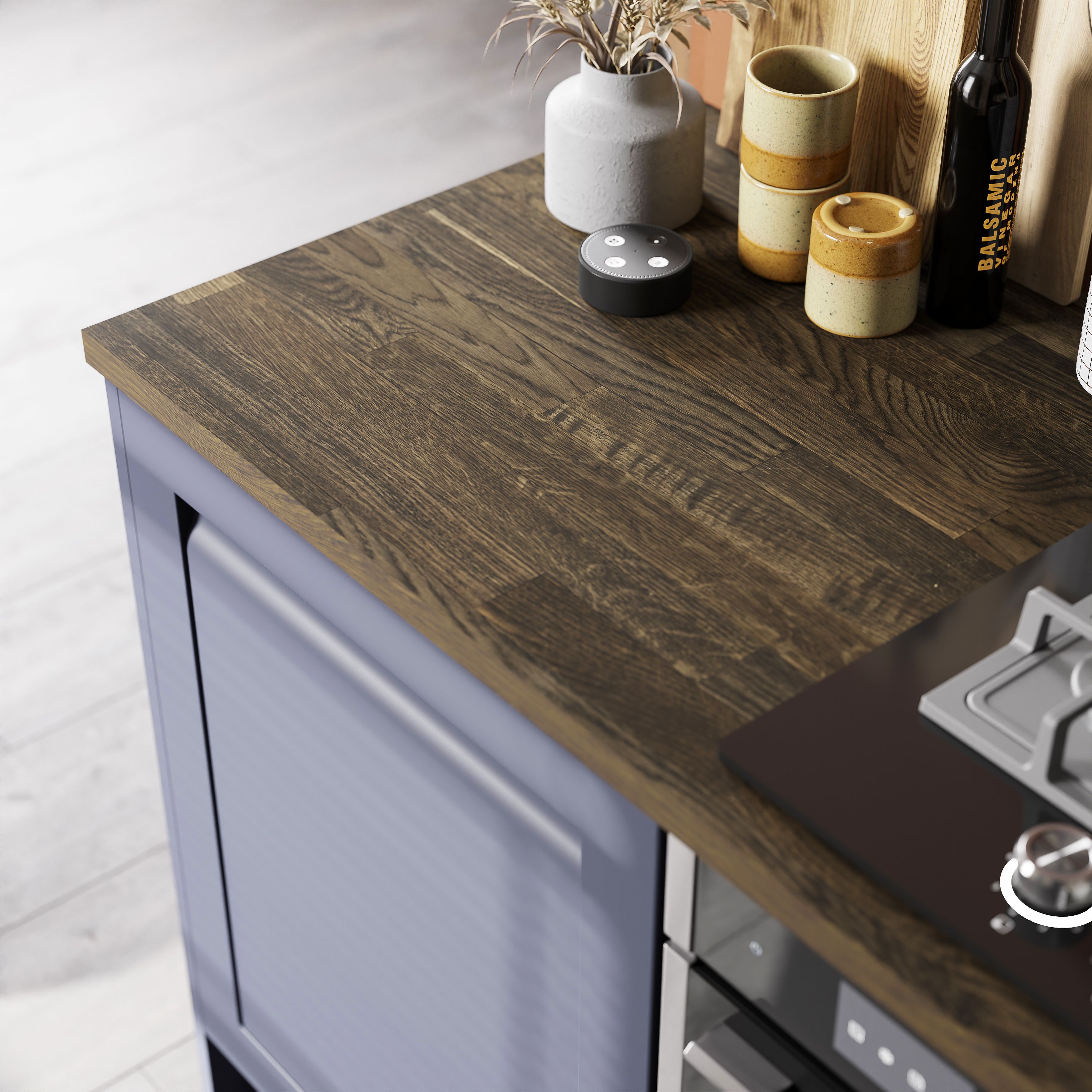 GoodHome 38mm Orin Satin Onyx oak Veneered Chamfered Kitchen Worktop, (L)3000mm