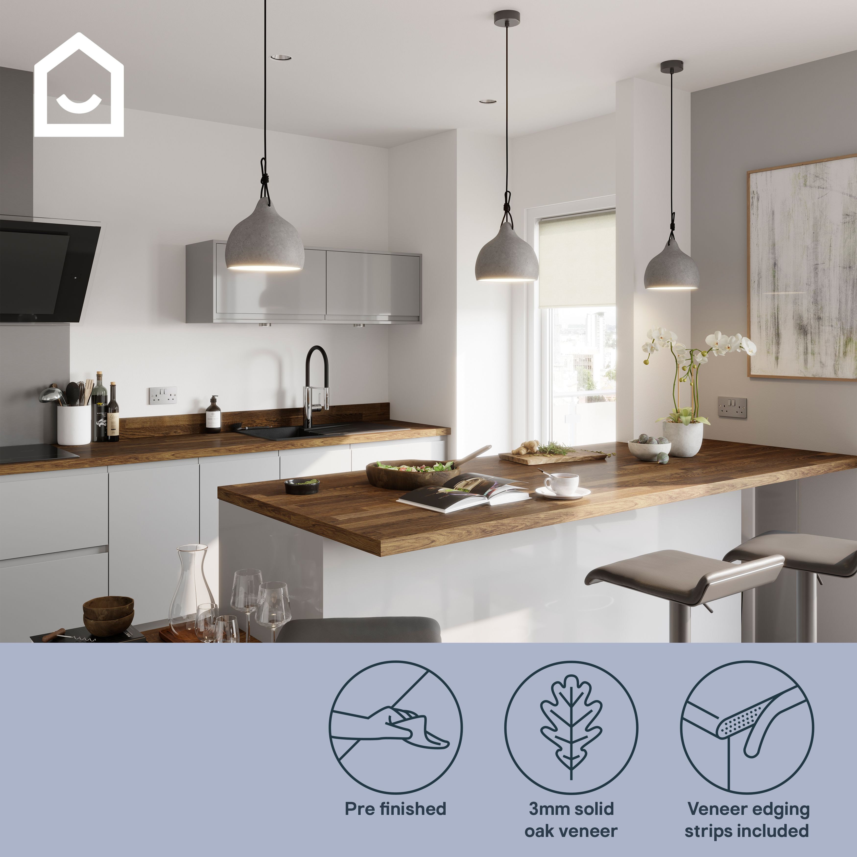 GoodHome 38mm Orin Satin Onyx oak Veneered Chamfered Kitchen Worktop, (L)3000mm