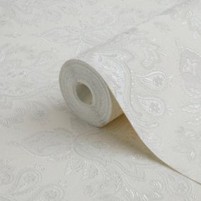 GoodHome Abeli White Russian damask Metallic effect Textured Wallpaper