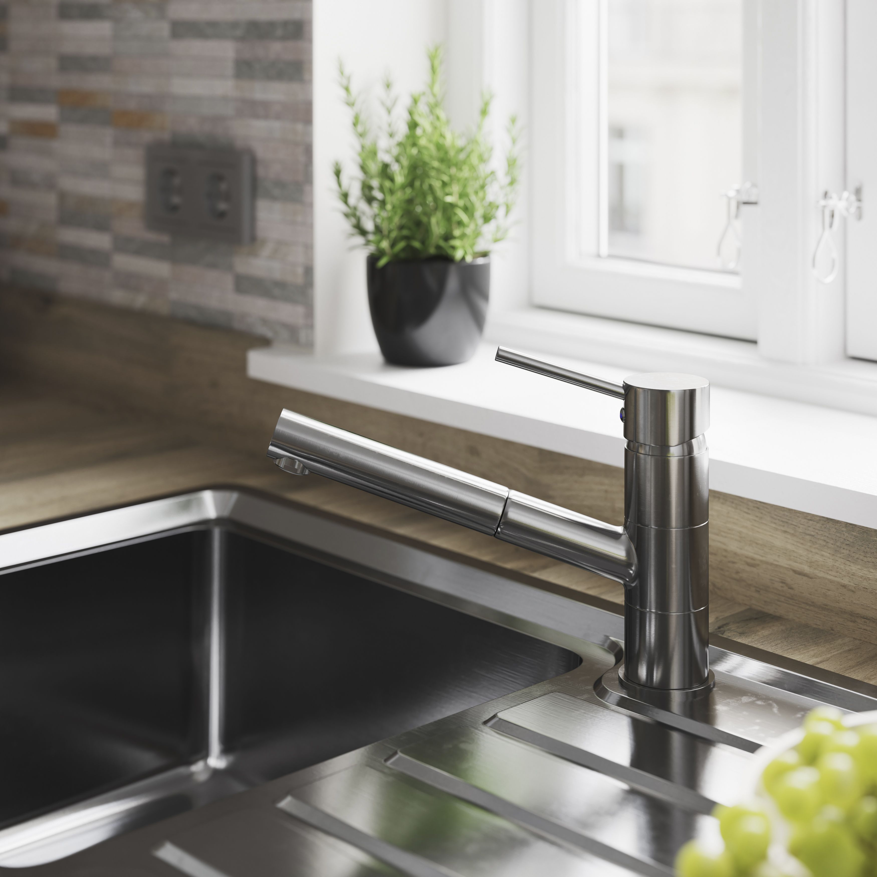 GoodHome Abruzzo Chrome effect Kitchen Pull-out Tap