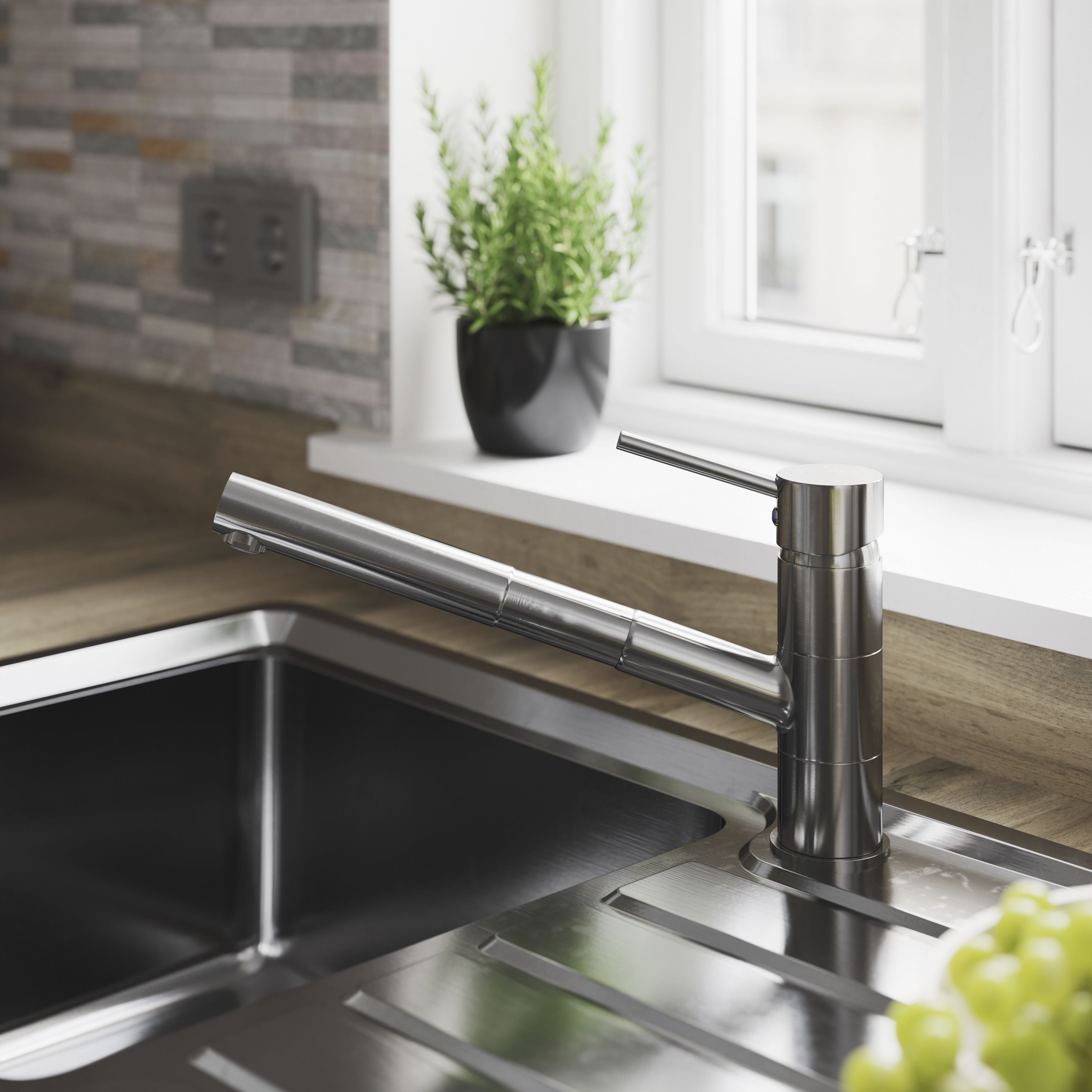 GoodHome Abruzzo Chrome effect Kitchen Pull-out Tap