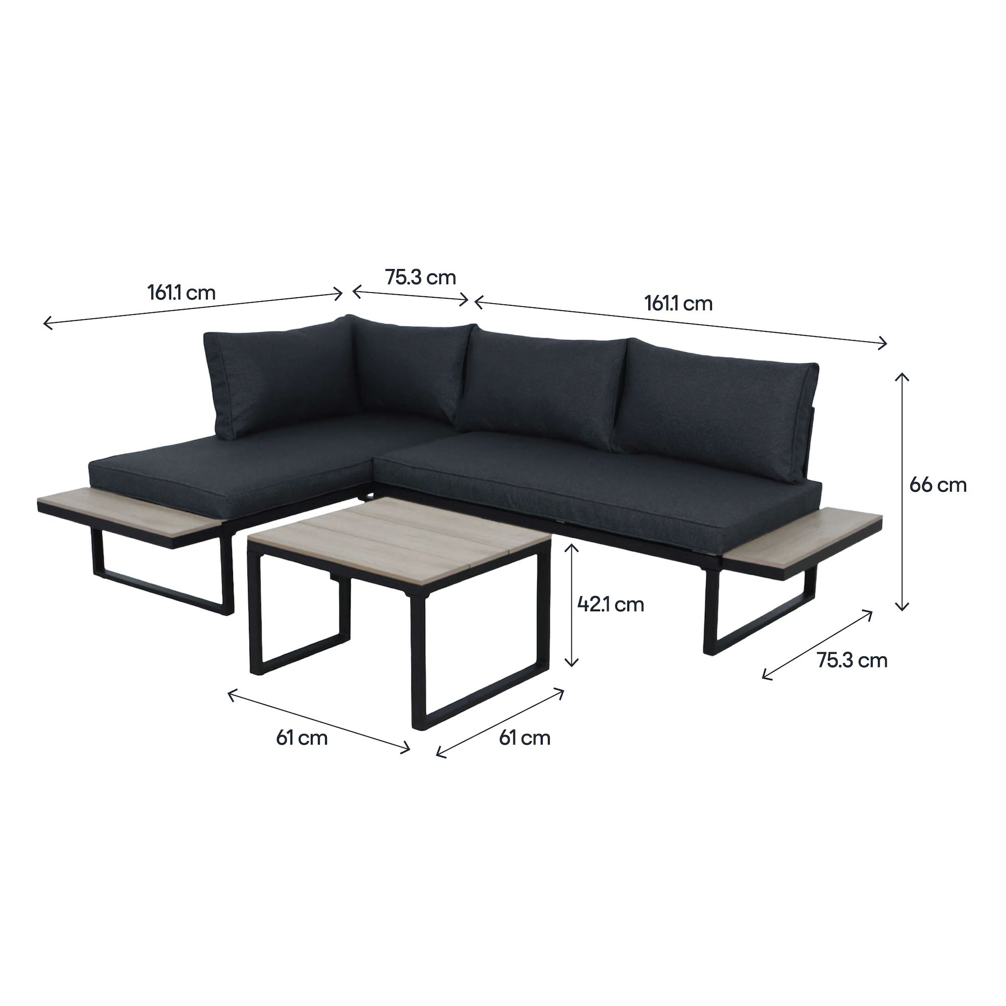 GoodHome Aconite Matt Black Metal 4 Seater Corner Coffee set