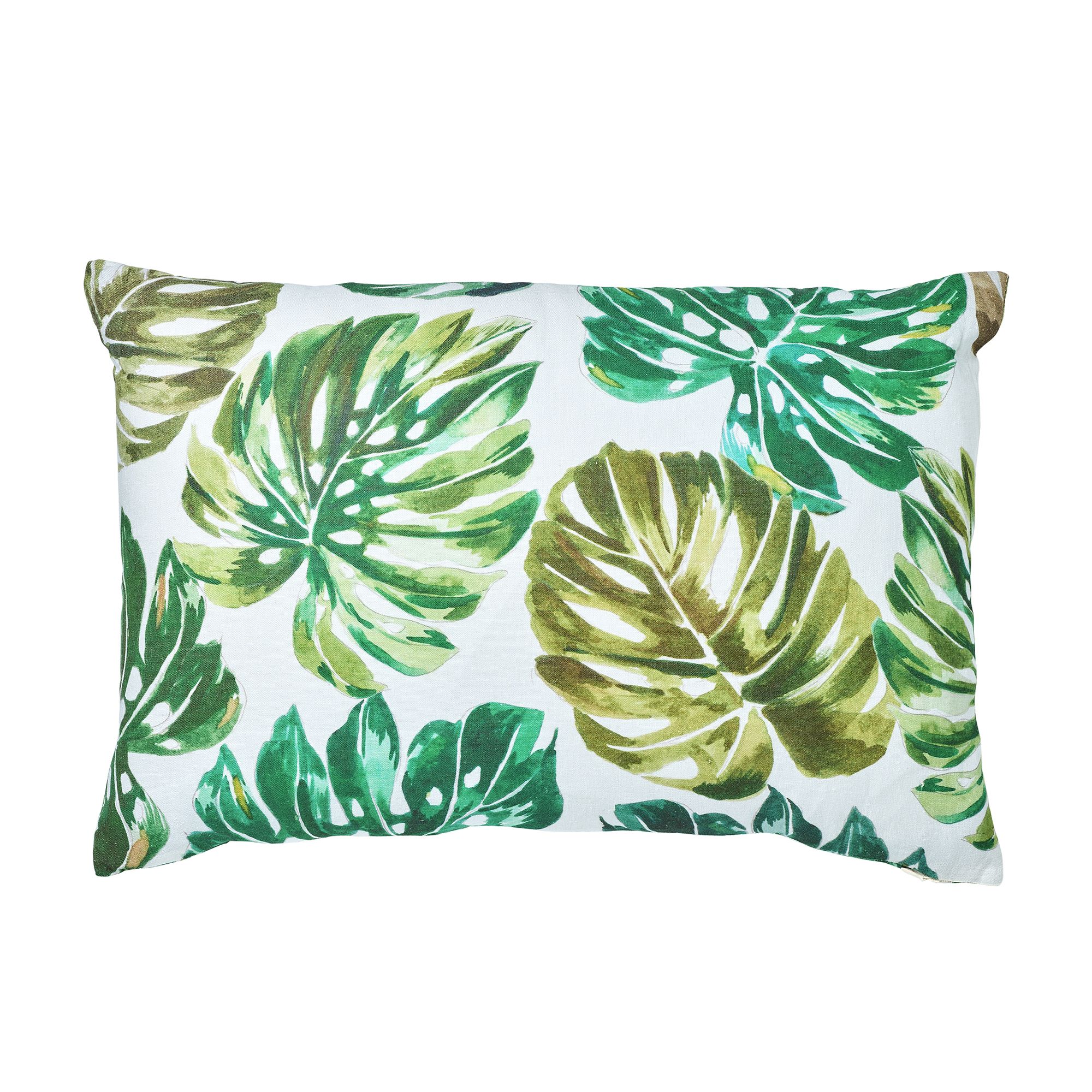 GoodHome Agathe Green & white Palm leaf Linen effect Indoor Cushion, (L)40cm x (W)60cm