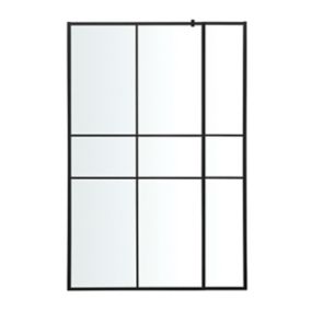 GoodHome Ahti Matt Black Clear Printed glass with aluminium grid Toughened safety glass Minimal frame Walk-in Wet room glass screen (H)195cm (W)119cm