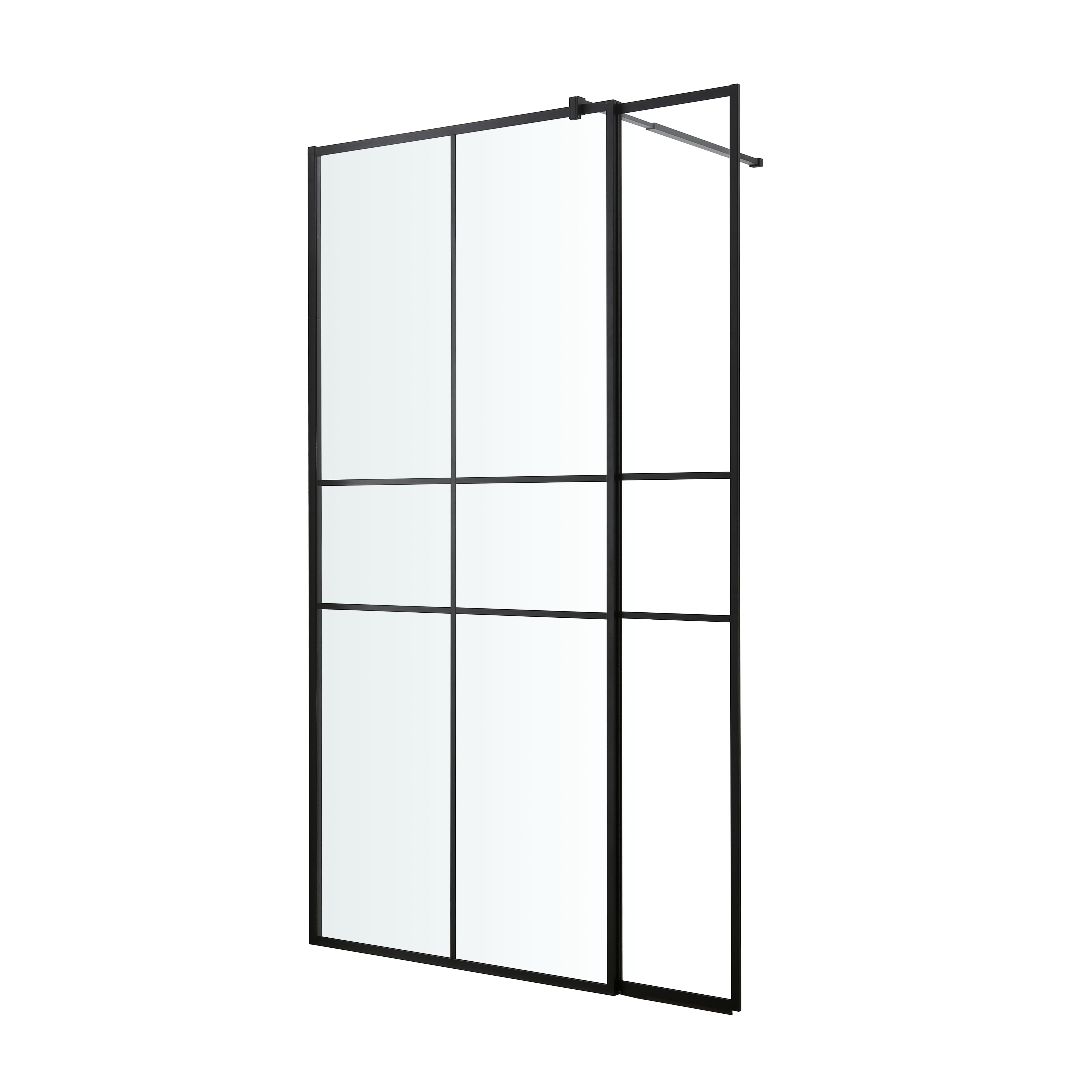 GoodHome Ahti Matt Black Textured Minimal frame Walk-in Wet room glass screen Printed with aluminium grid (H)195cm (W)119cm