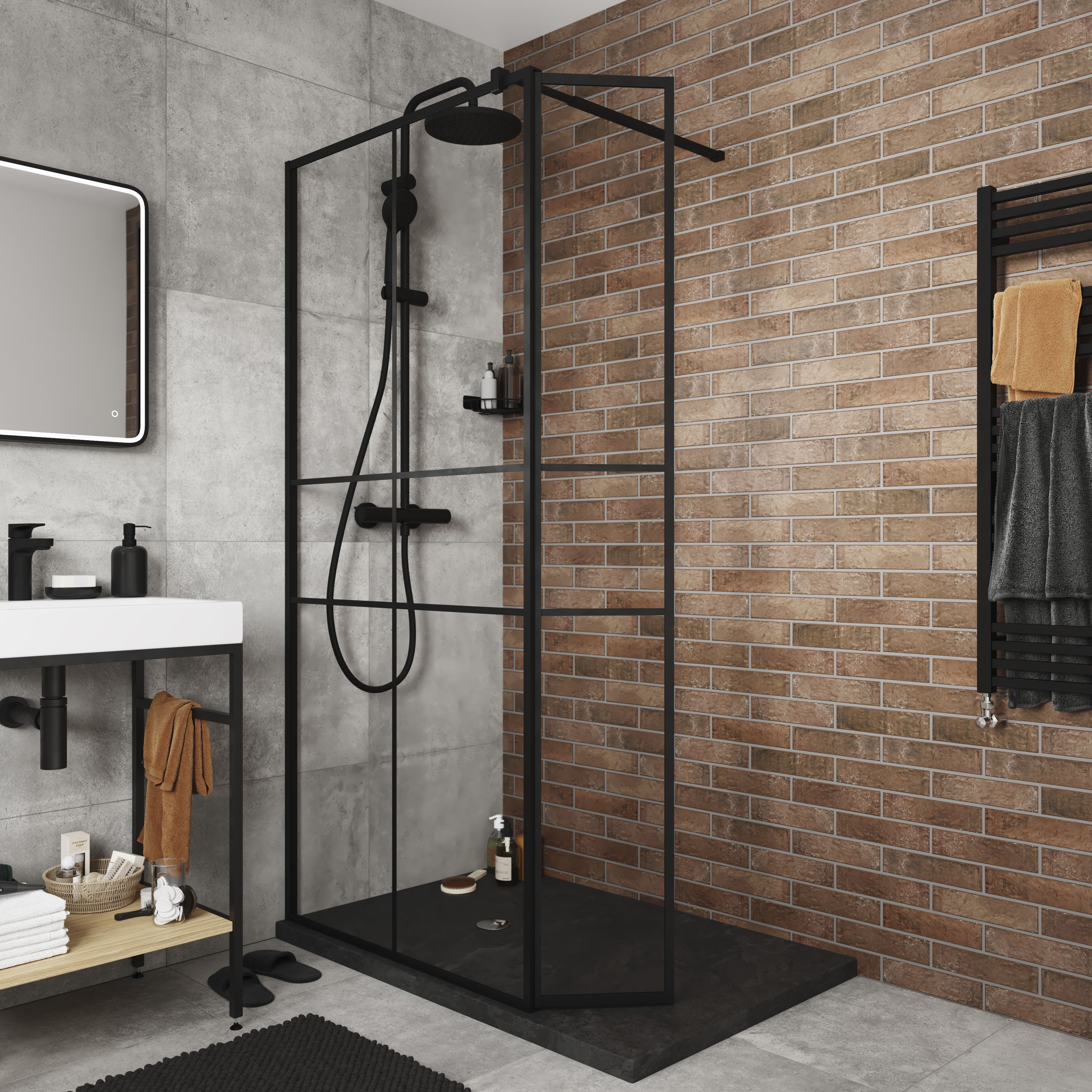 GoodHome Ahti Matt Black Textured Minimal frame Walk-in Wet room glass screen Printed with aluminium grid (H)195cm (W)119cm - 8