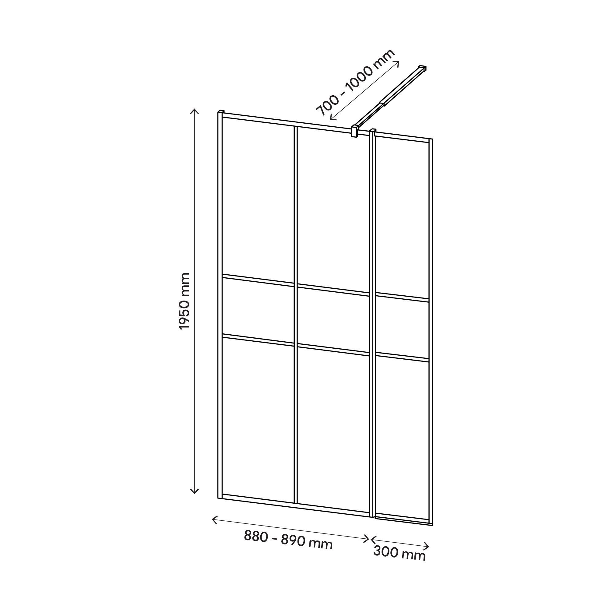 GoodHome Ahti Matt Black Textured Minimal frame Walk-in Wet room glass screen Printed with aluminium grid (H)195cm (W)119cm