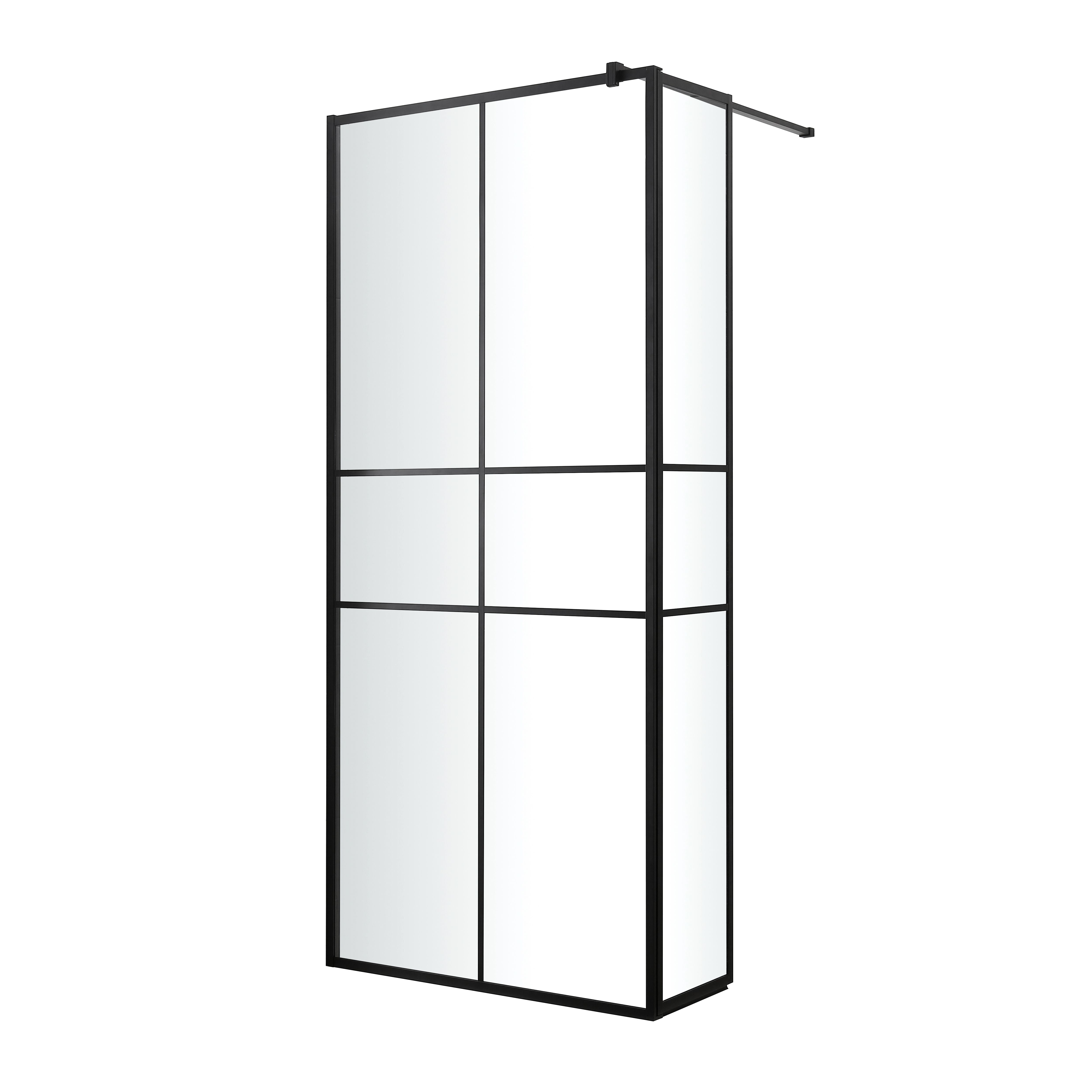 GoodHome Ahti Matt Black Textured Minimal frame Walk-in Wet room glass screen Printed with aluminium grid (H)195cm (W)119cm